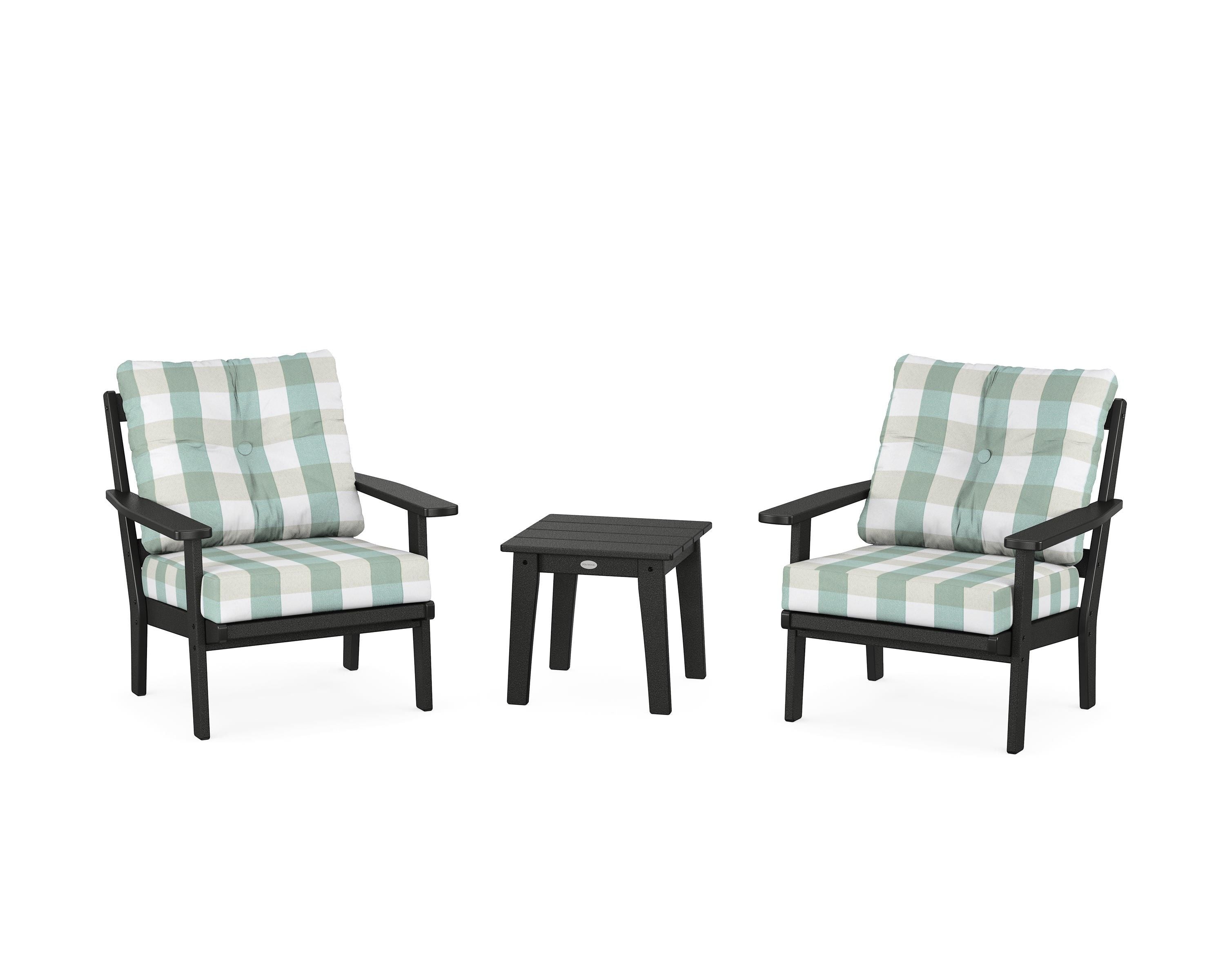 POLYWOOD® Oxford 3-Piece Deep Seating Set in Black / Buffalo Plaid Glacier Spa