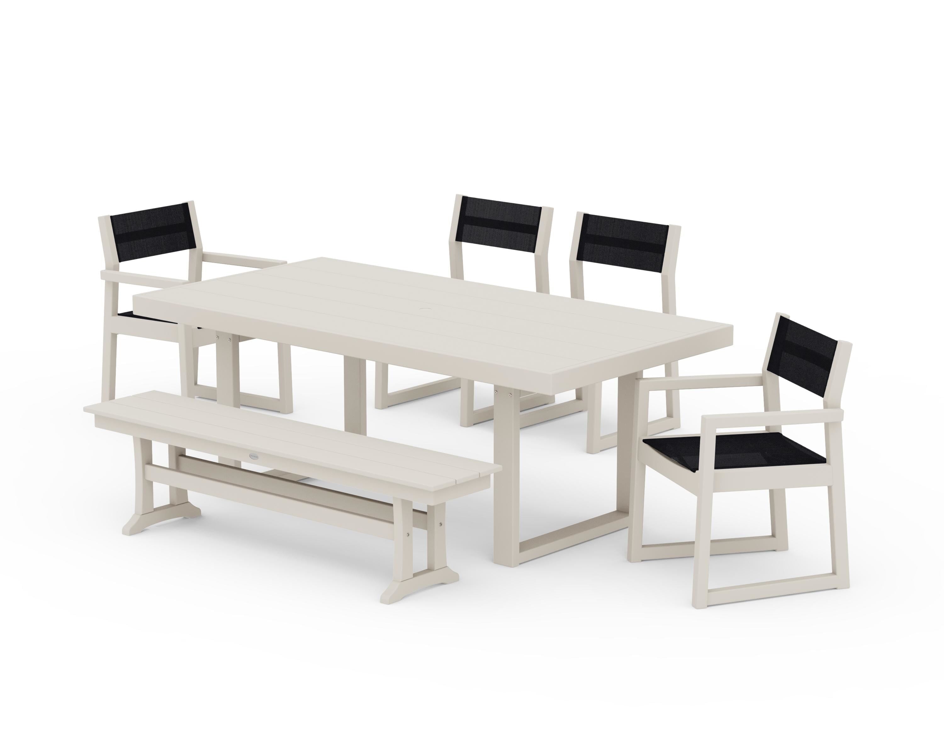 POLYWOOD® EDGE Sling 6-Piece Dining Set with Bench in Sand / Black Sling