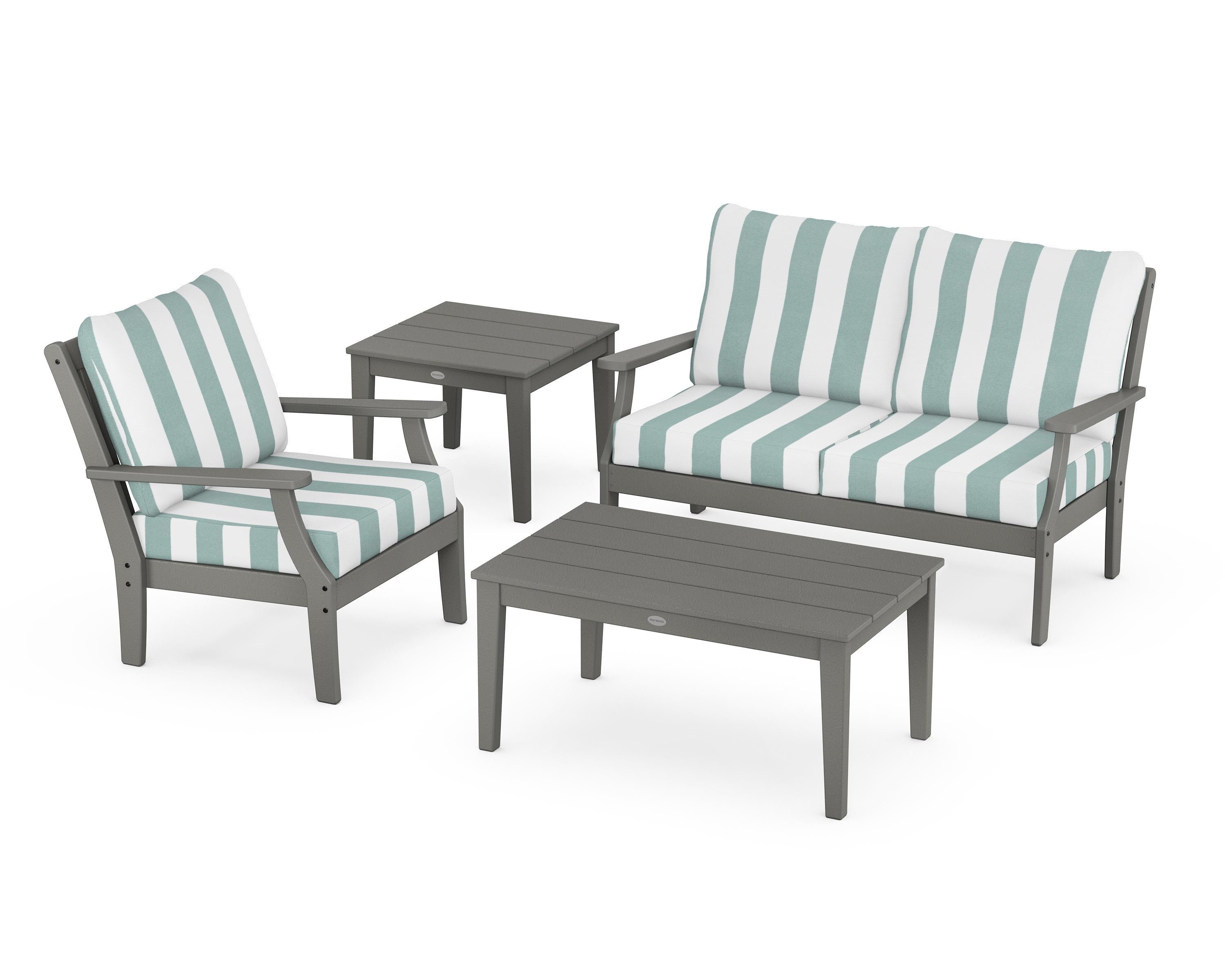 POLYWOOD® Braxton 4-Piece Deep Seating Set in Slate Grey / Cabana Stripe Glacier Spa