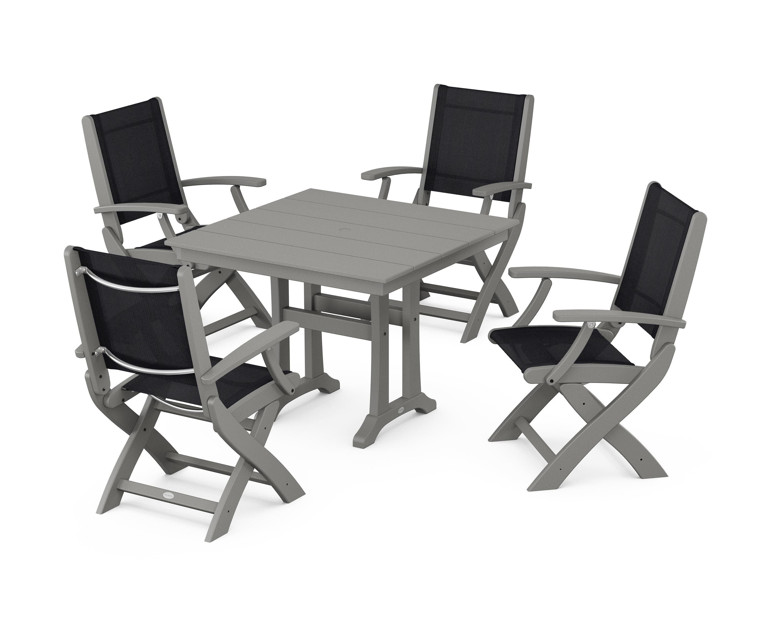 POLYWOOD® Coastal Folding Chair 5-Piece Farmhouse Dining Set With Trestle Legs in Slate Grey / Black Sling