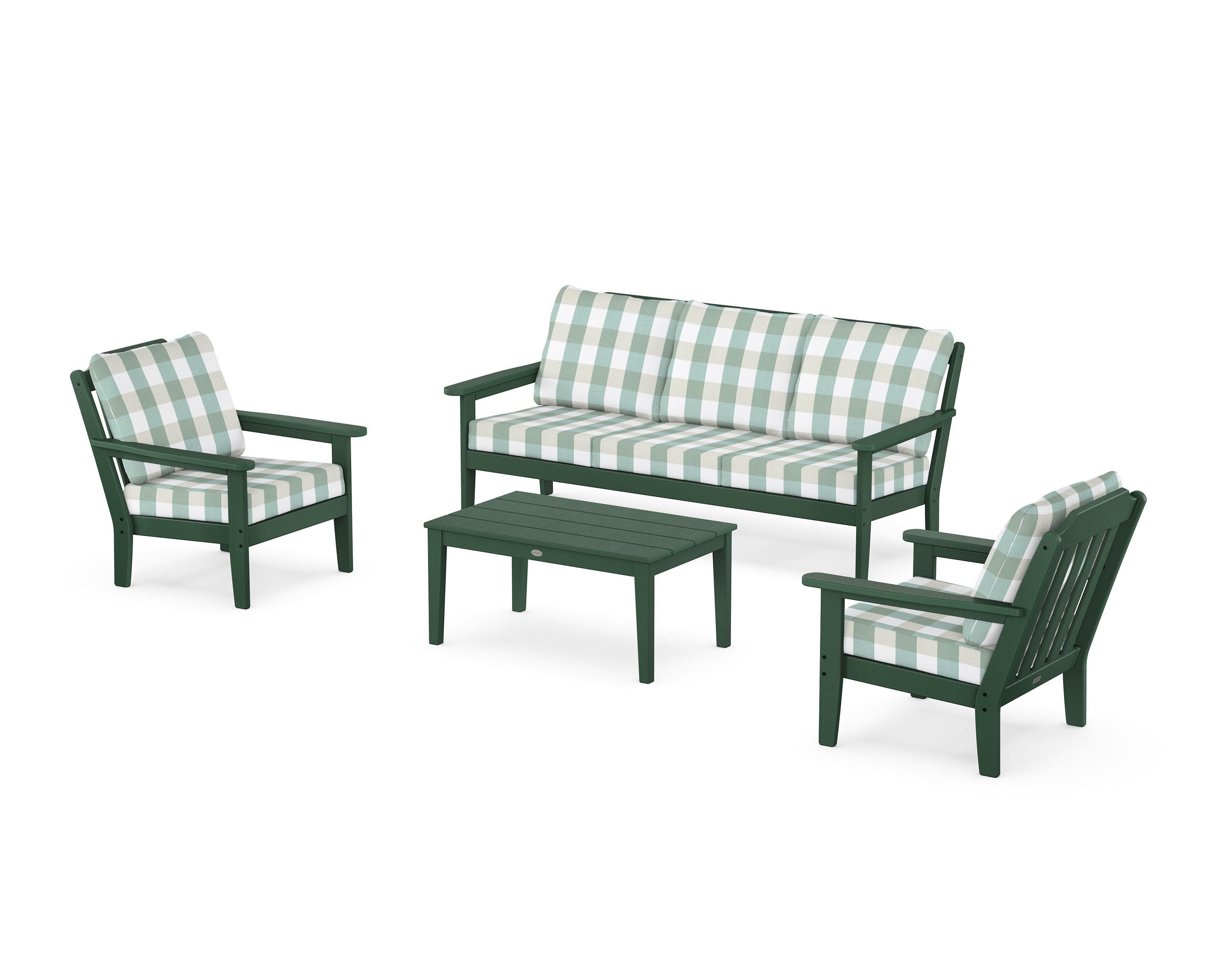 Country Living Cottage 4-Piece Deep Seating Set with Sofa in Green / Buffalo Plaid Glacier Spa