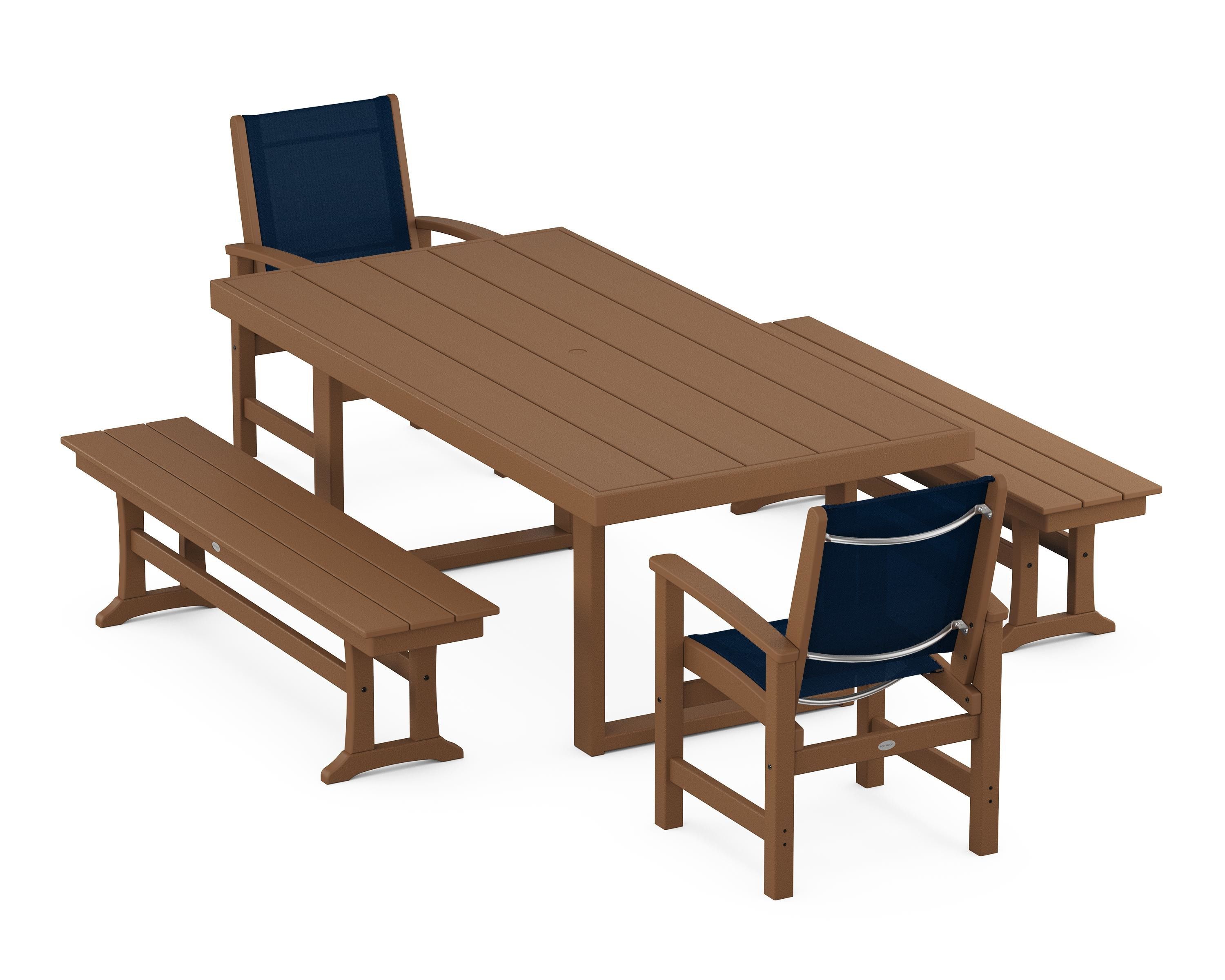 POLYWOOD® Coastal 5-Piece Dining Set with Trestle Legs in Teak / Navy Blue Sling