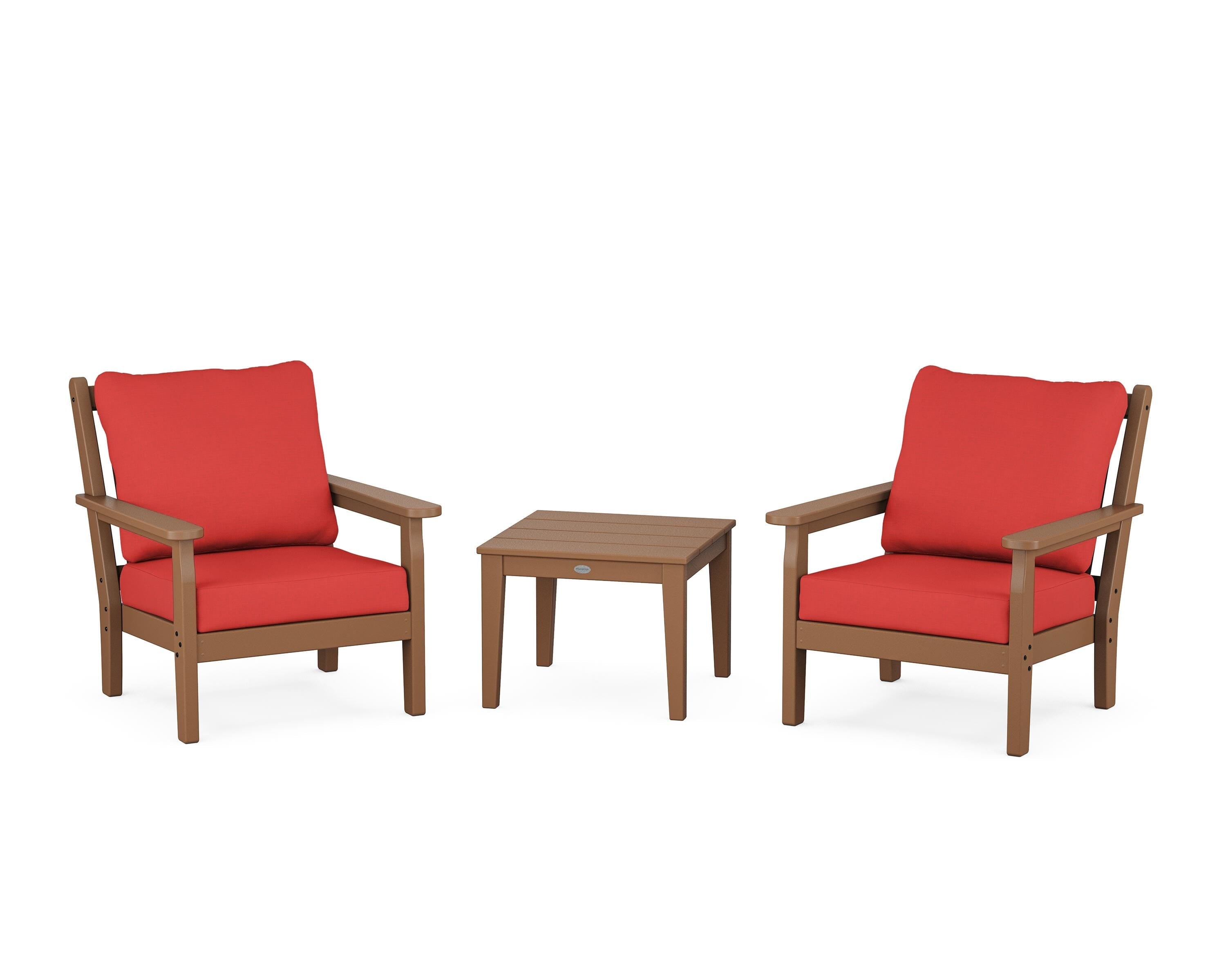 POLYWOOD® Chippendale 3-Piece Deep Seating Set in Teak / Crimson Linen