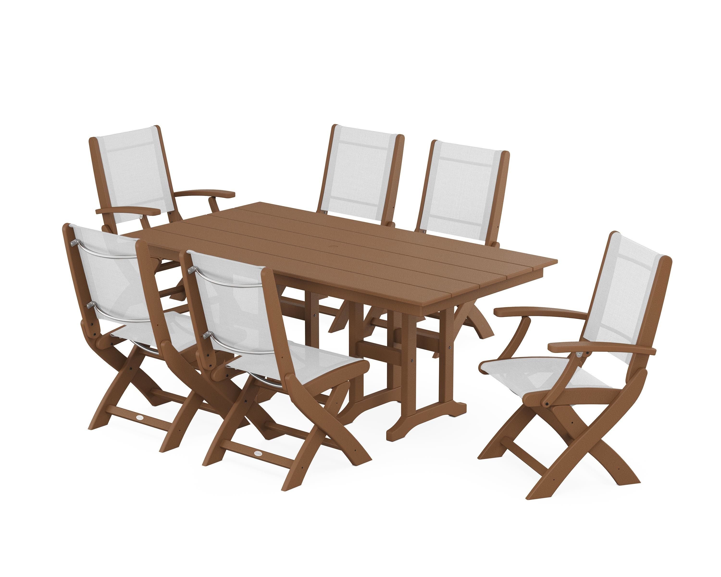 POLYWOOD® Coastal Folding Chair 7-Piece Farmhouse Dining Set in Teak / White Sling