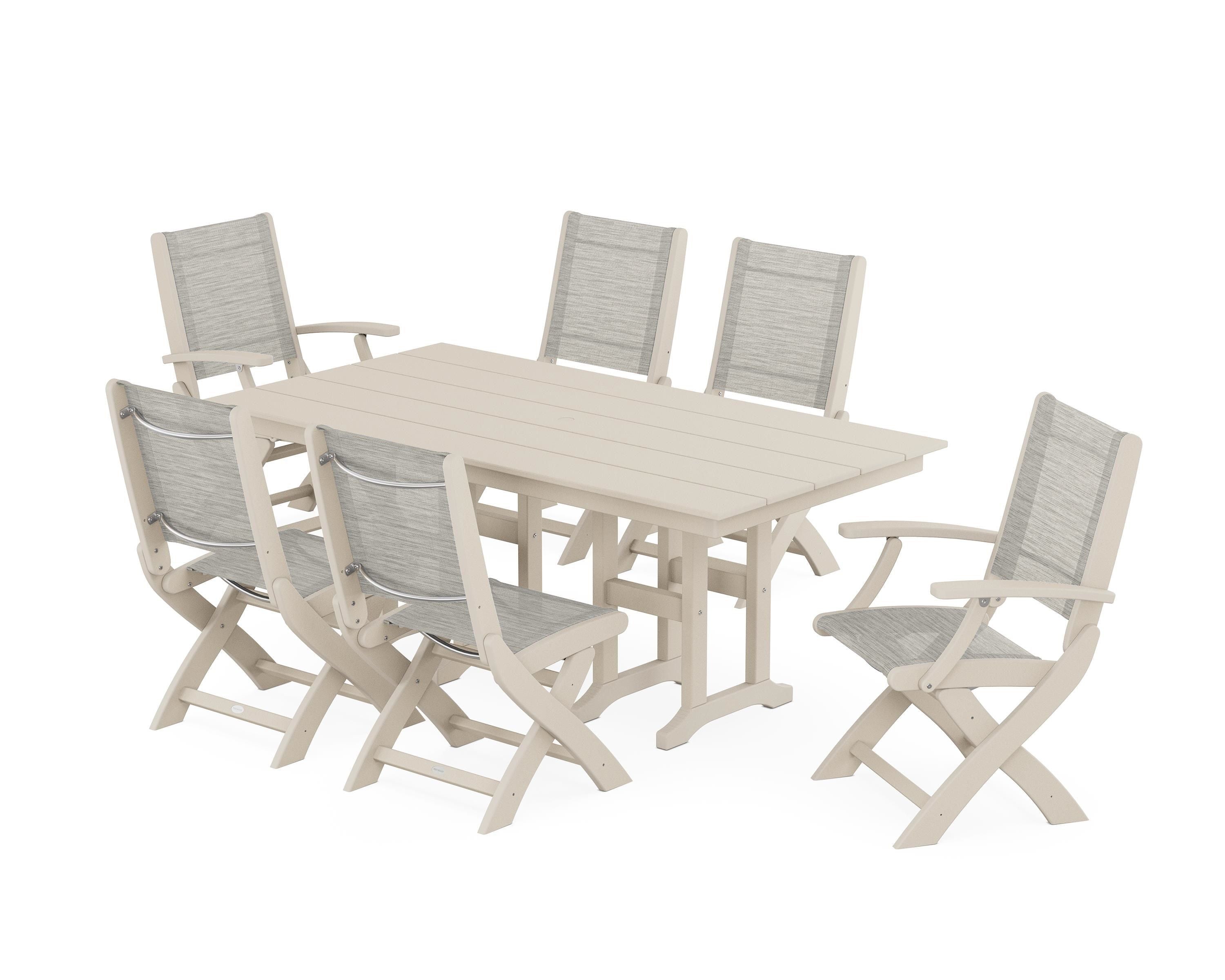 POLYWOOD® Coastal Folding Chair 7-Piece Farmhouse Dining Set in Sand / Birch Sling