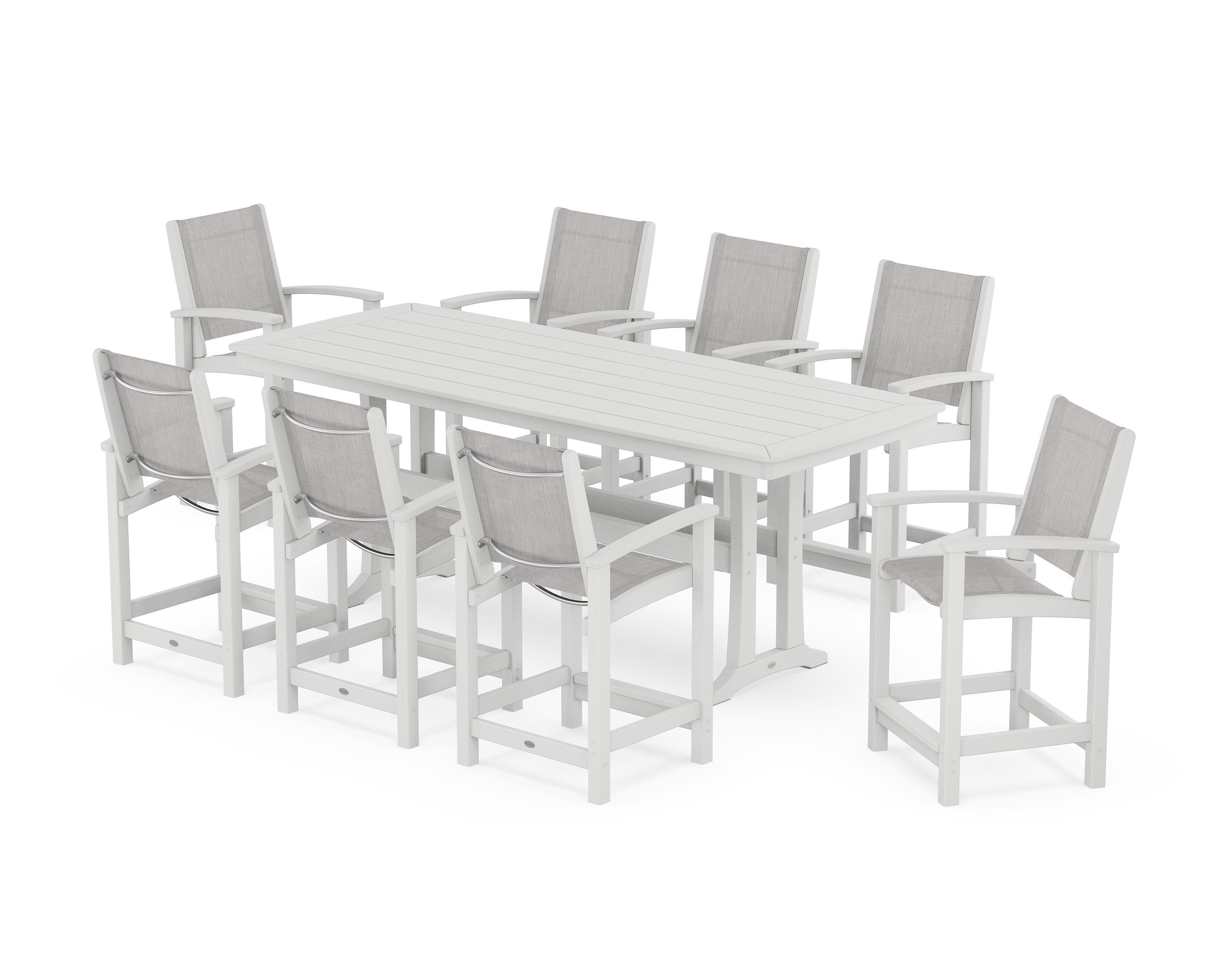 POLYWOOD® Coastal 9-Piece Counter Set with Trestle Legs in White / Parchment Sling
