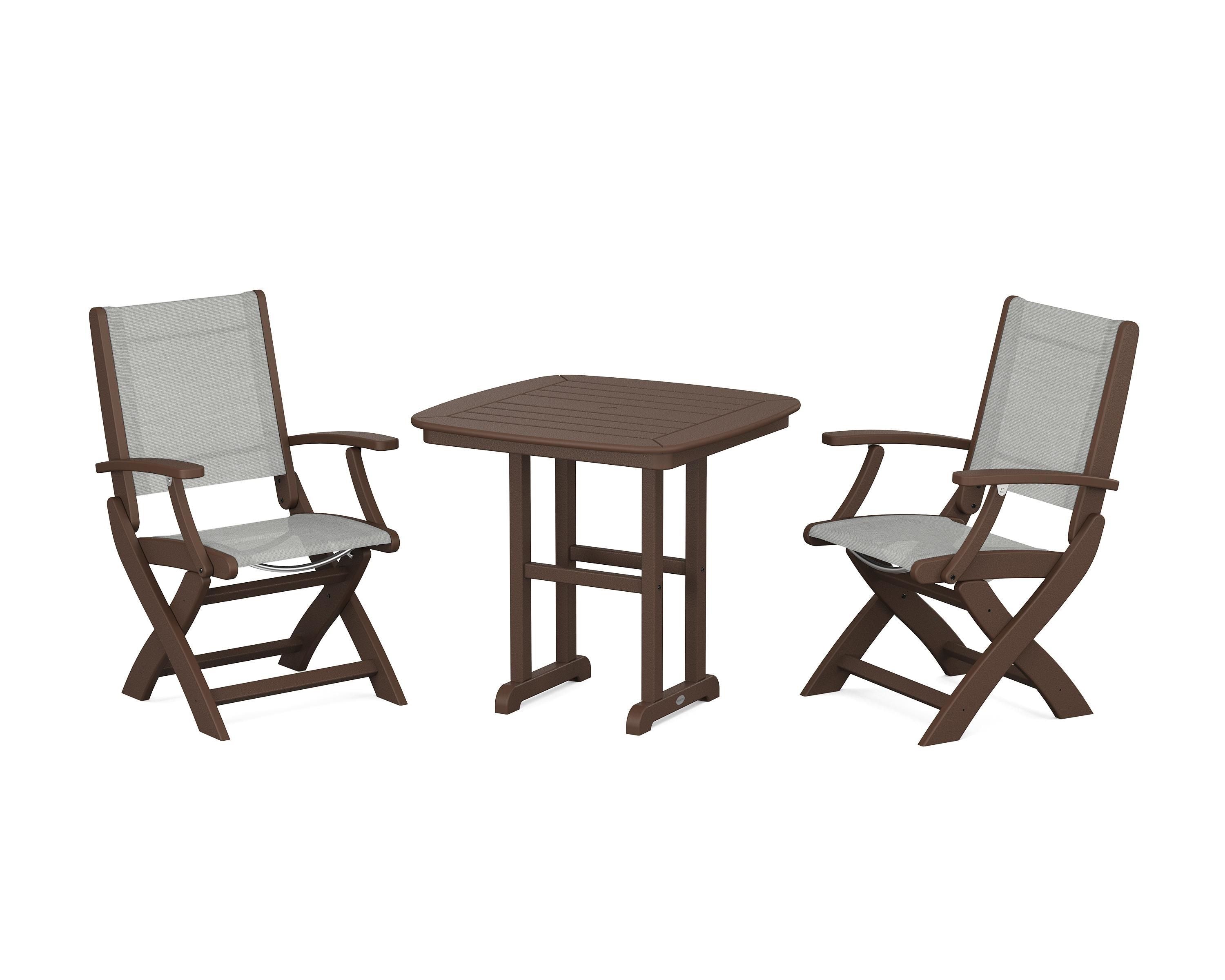 POLYWOOD® Coastal Folding Chair 3-Piece Dining Set in Mahogany / Metallic Sling