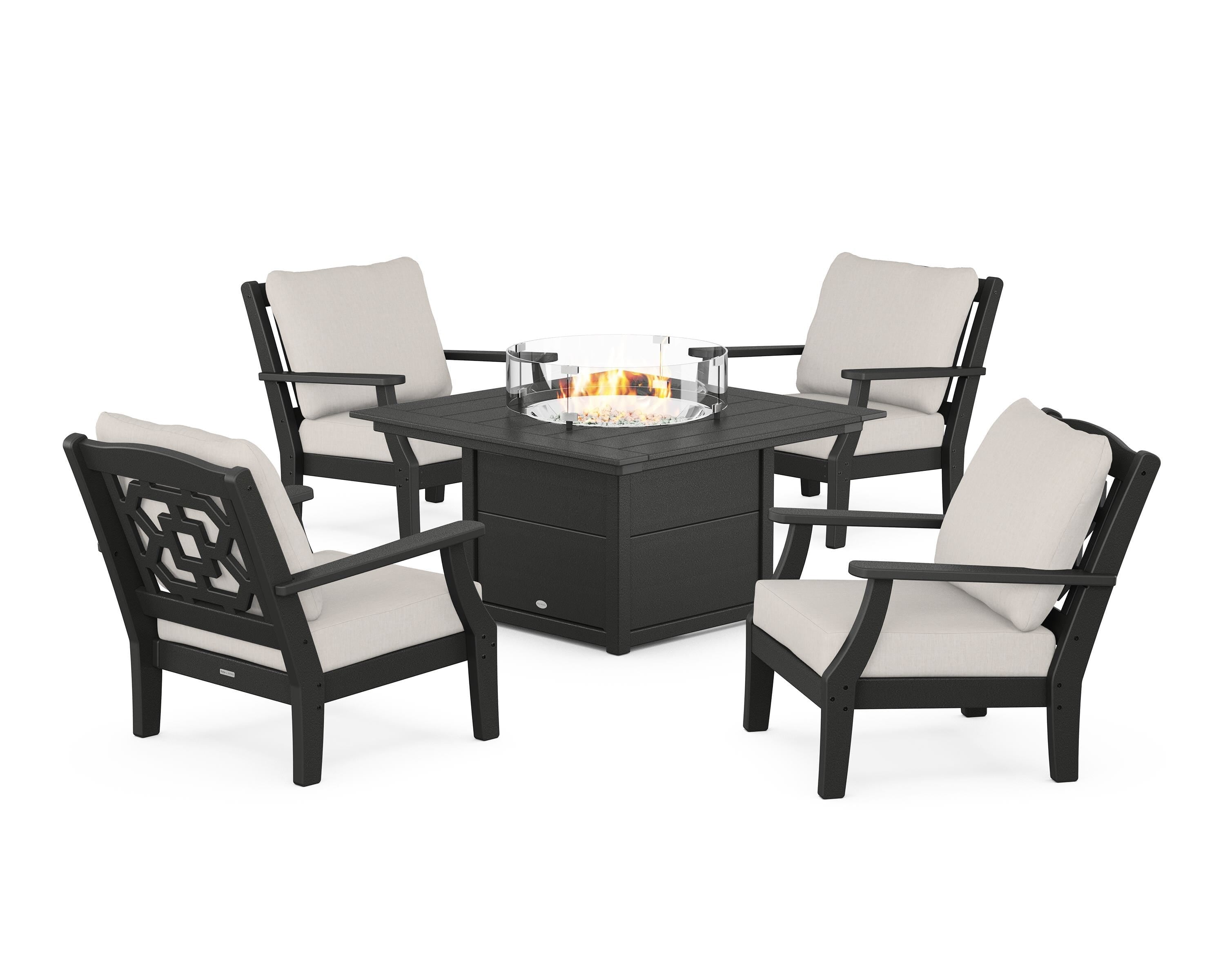 Martha Stewart by POLYWOOD® Chinoiserie 5-Piece Deep Seating Set with Fire Pit Table in Black / Cast Ash