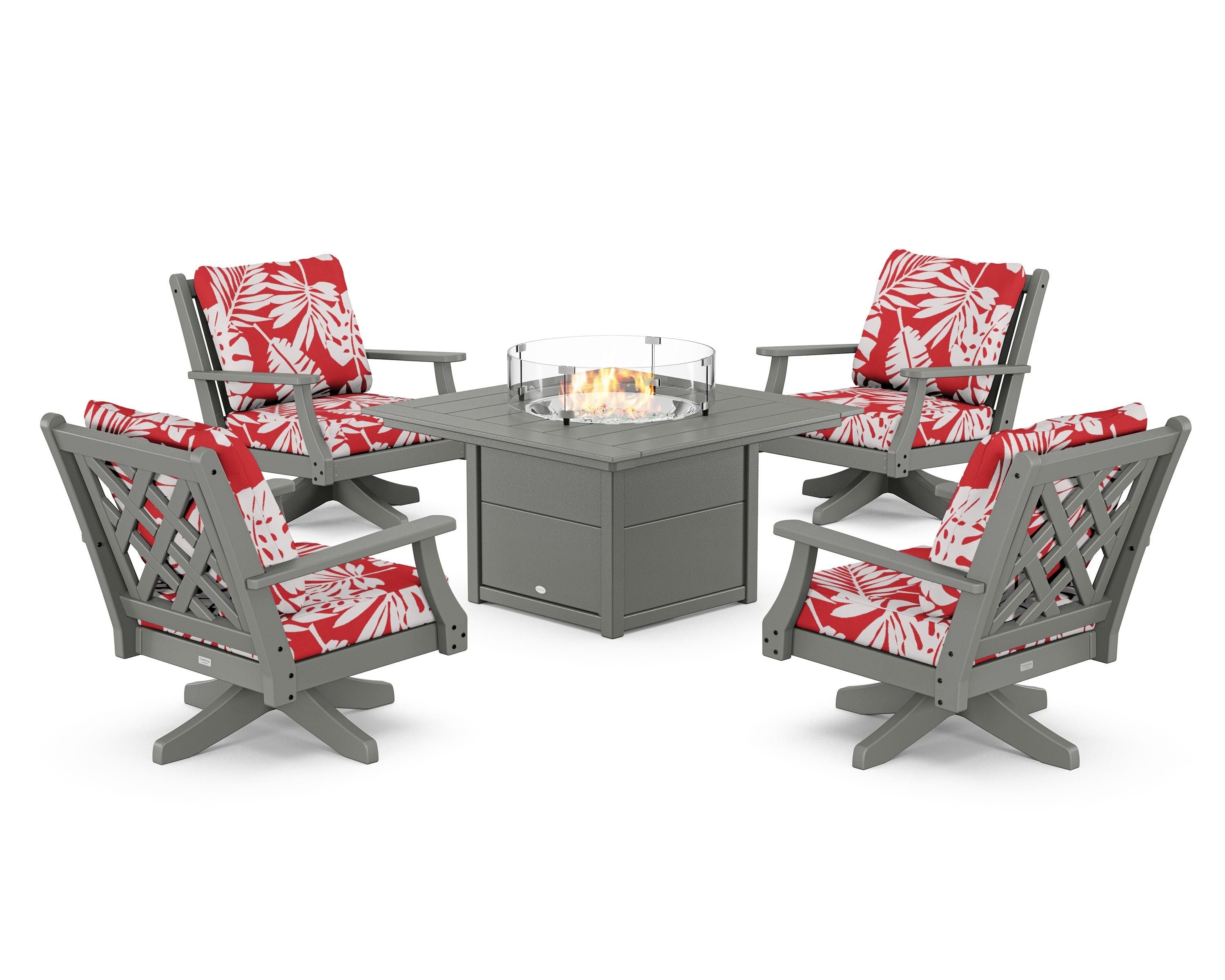 Country Living Wovendale 5-Piece Deep Seating Swivel Conversation Set with Fire Pit Table in Slate Grey / Leaf Crimson