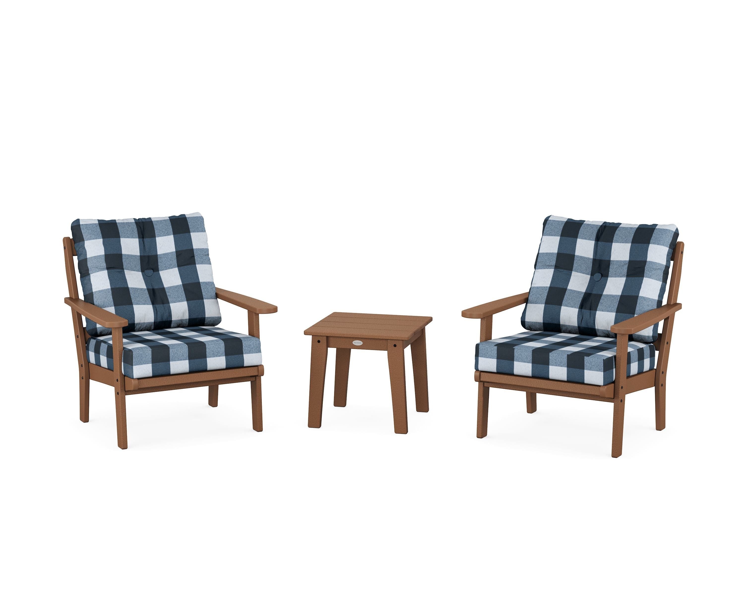 POLYWOOD® Mission 3-Piece Deep Seating Set in Teak / Buffalo Plaid Marine Indigo