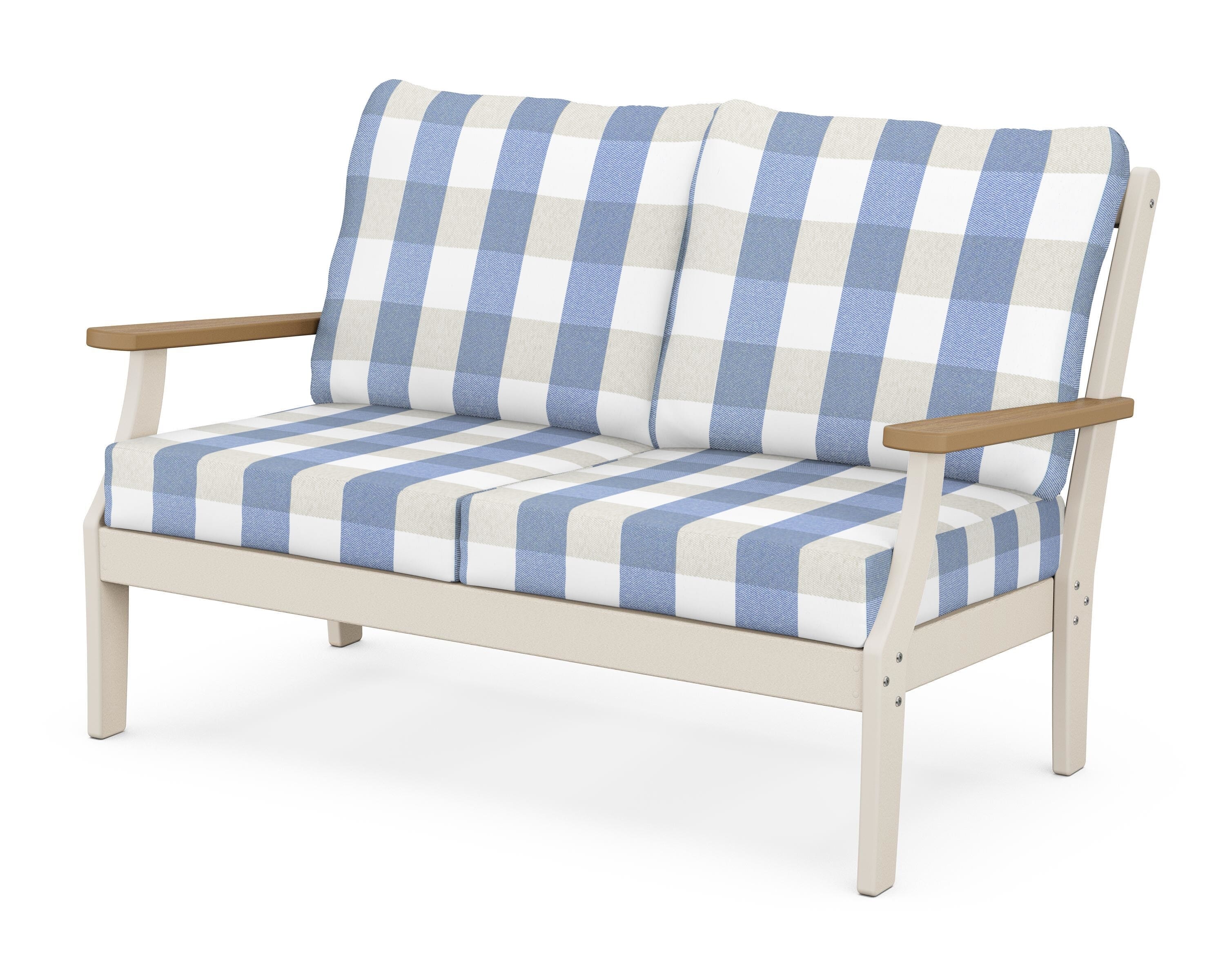 POLYWOOD® Braxton Deep Seating Loveseat in Sand / Natural / Buffalo Plaid Sky Blue