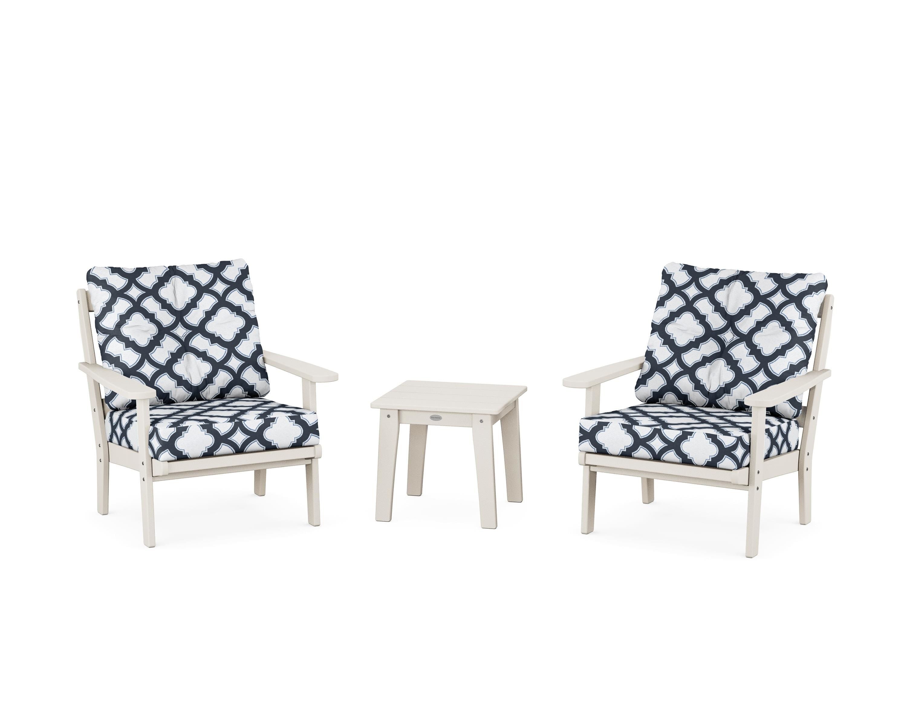 POLYWOOD® Mission 3-Piece Deep Seating Set in Sand / Trellis Marine Indigo