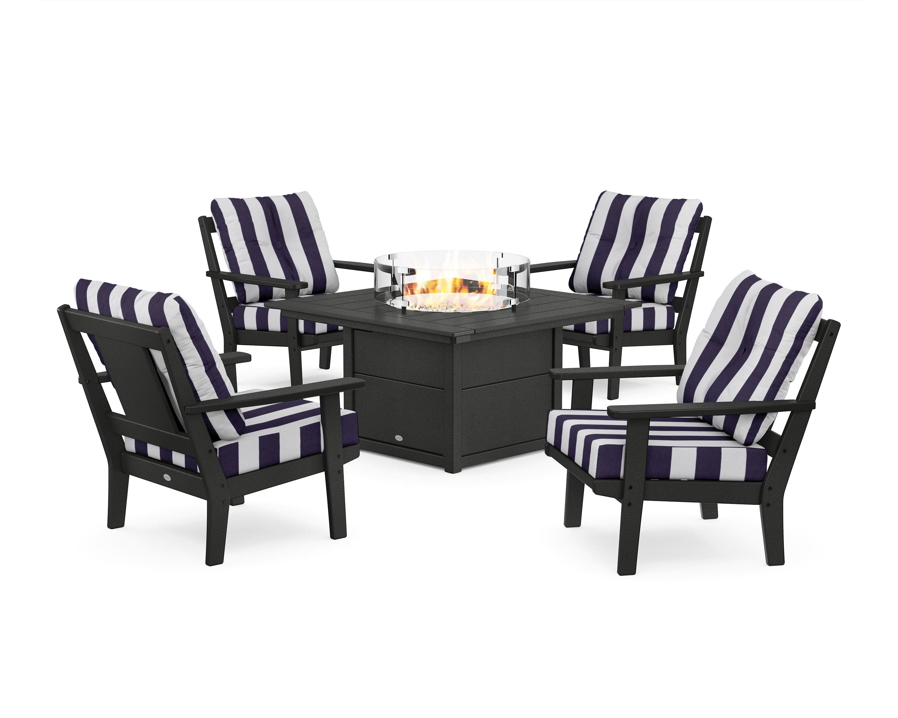 POLYWOOD® Prairie 5-Piece Deep Seating Set with Fire Pit Table in Black / Cabana Stripe Navy