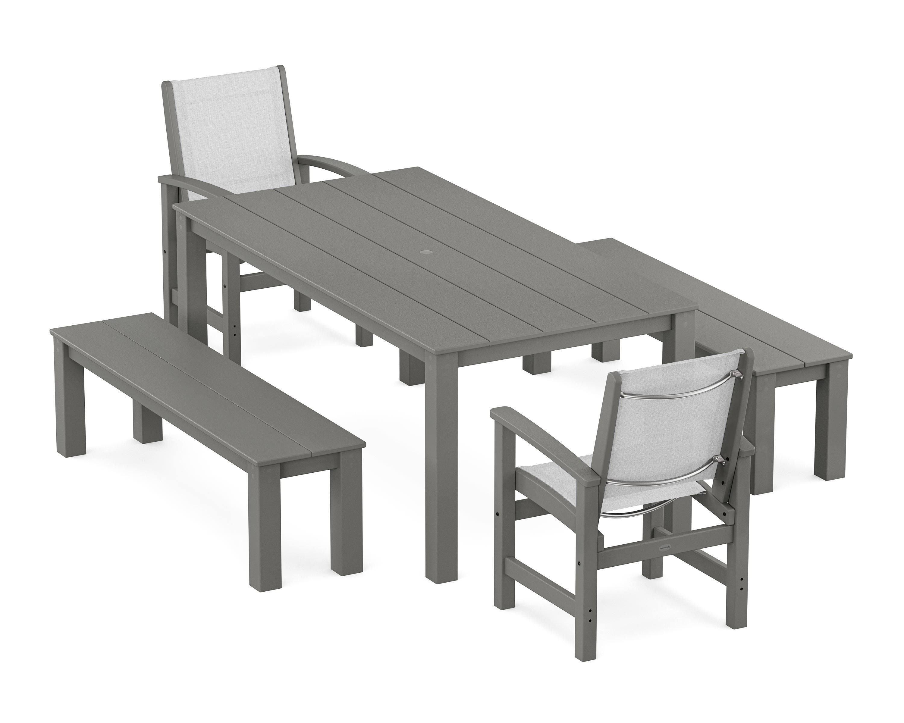 POLYWOOD® Coastal 5-Piece Parsons Dining Set with Benches in Slate Grey / White Sling