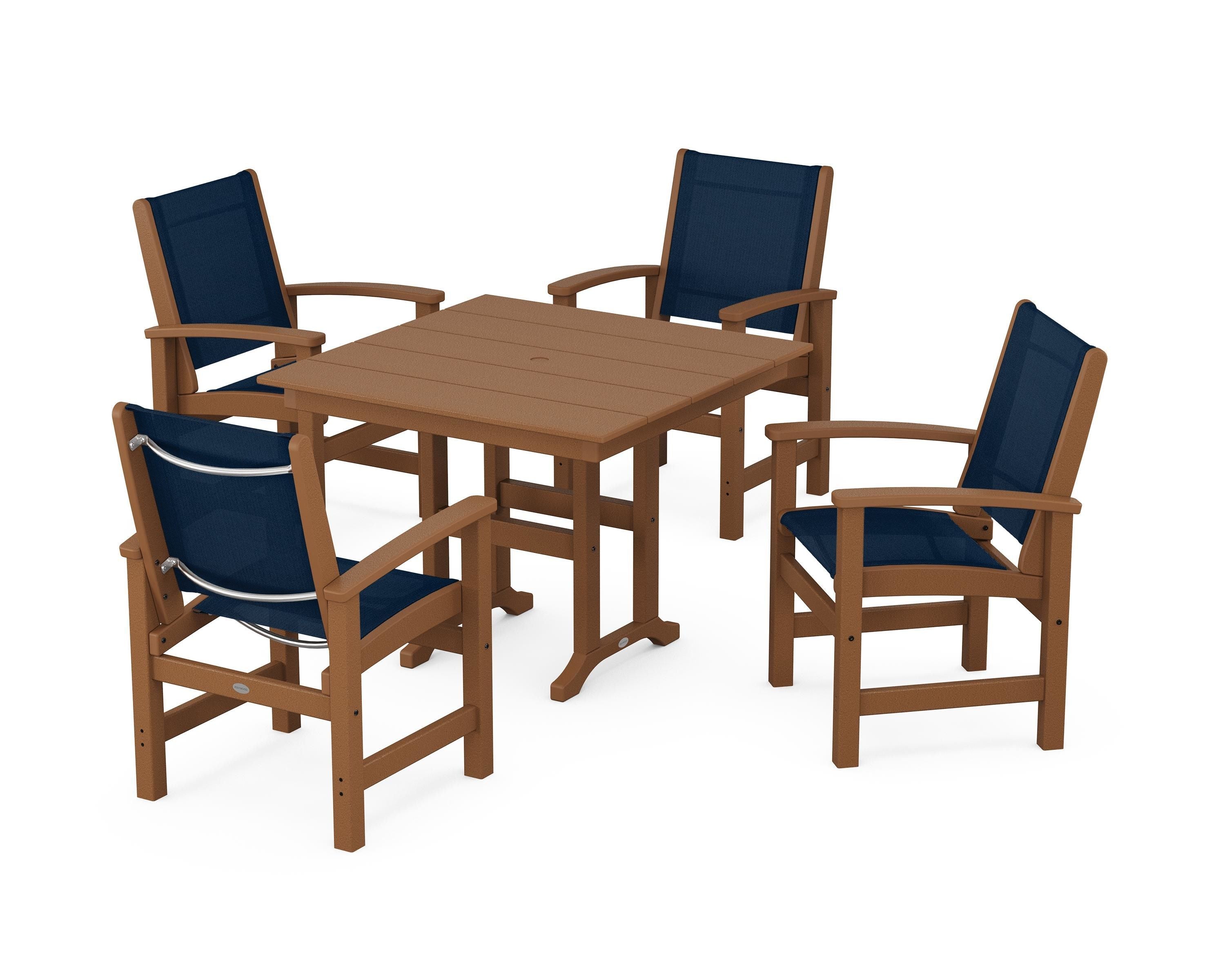 POLYWOOD® Coastal 5-Piece Farmhouse Dining Set in Teak / Navy Blue Sling