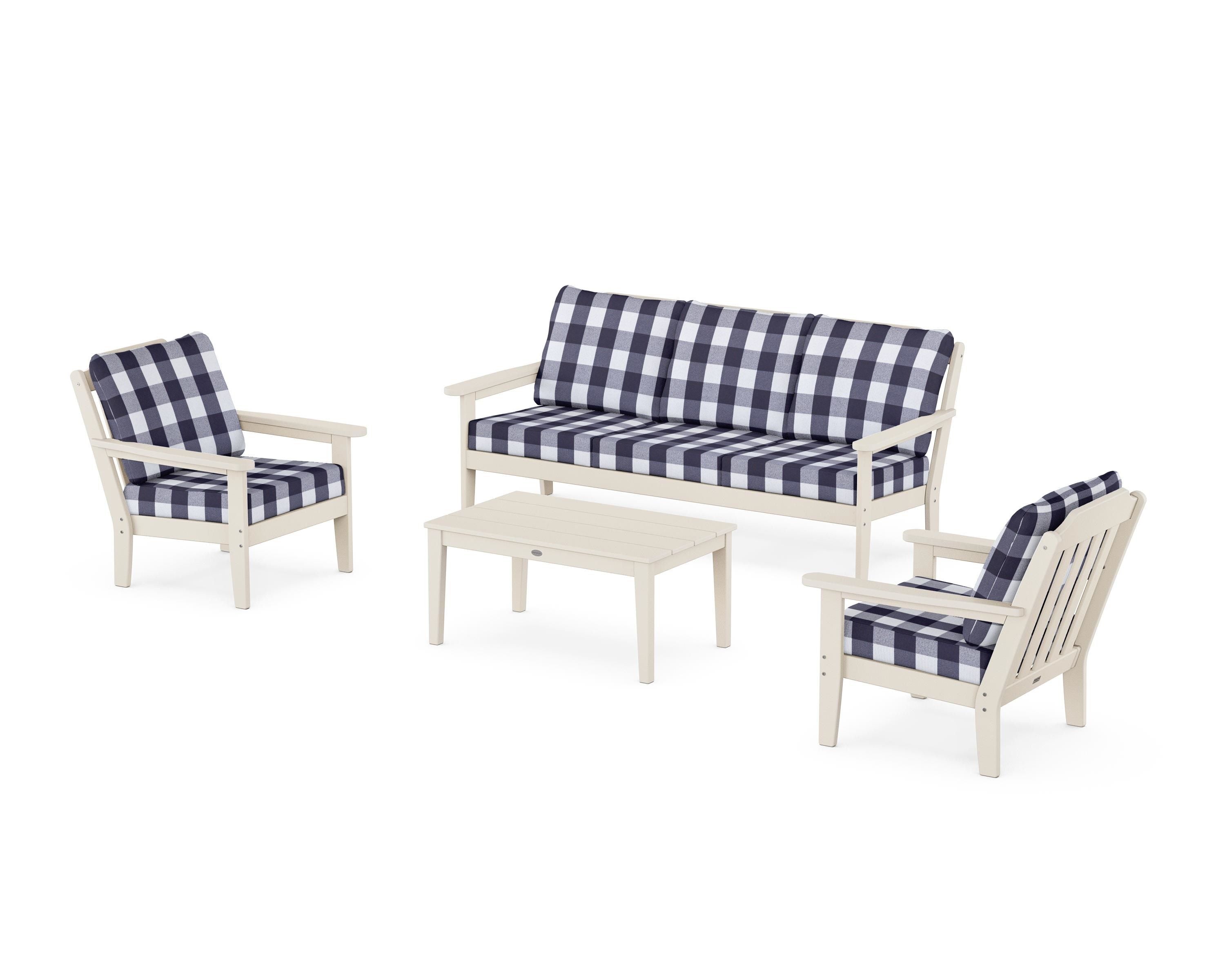 Country Living Cottage 4-Piece Deep Seating Set with Sofa in Sand / Buffalo Plaid Navy