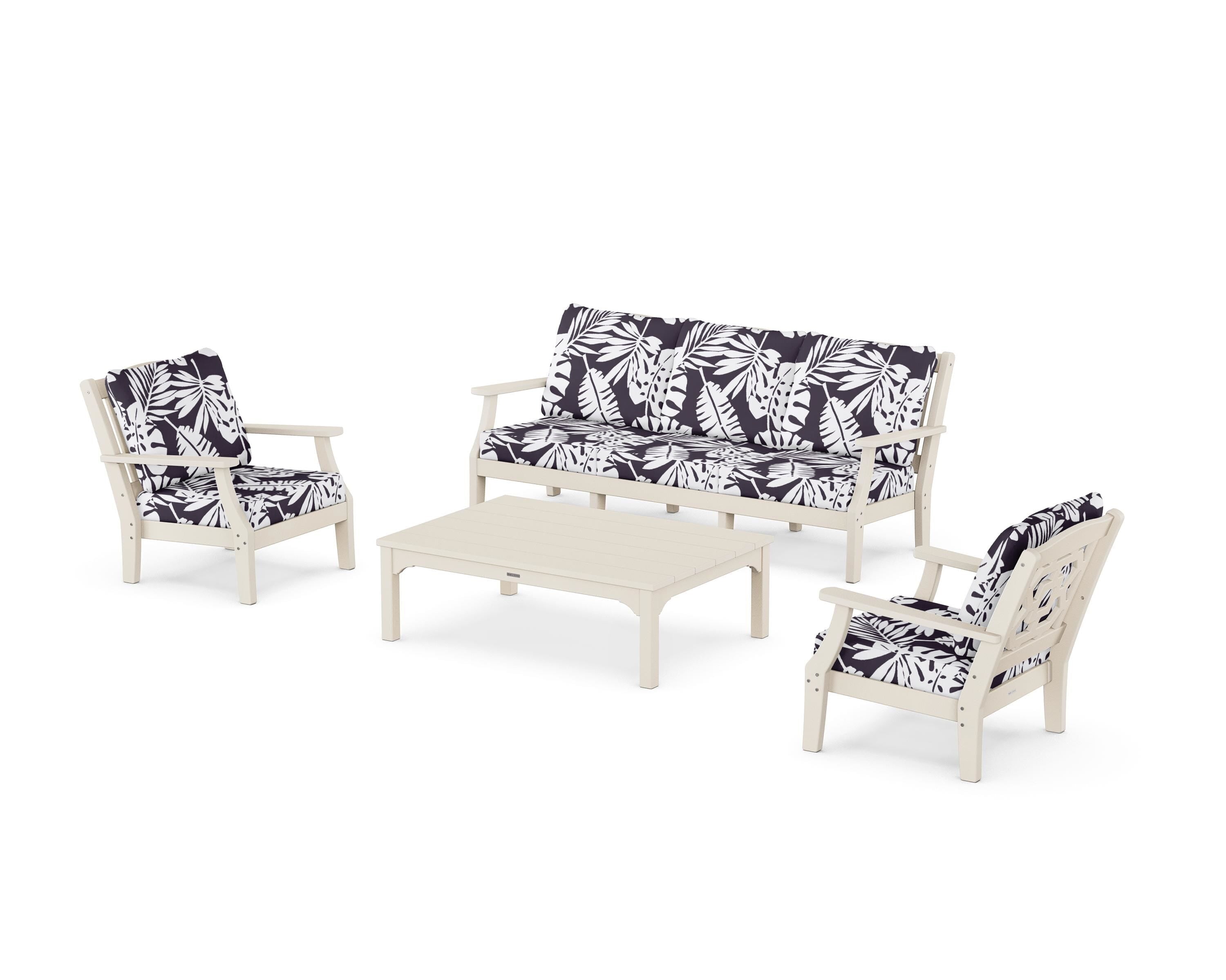 Martha Stewart by POLYWOOD® Chinoiserie 4-Piece Deep Seating Set with Sofa in Sand / Leaf Navy