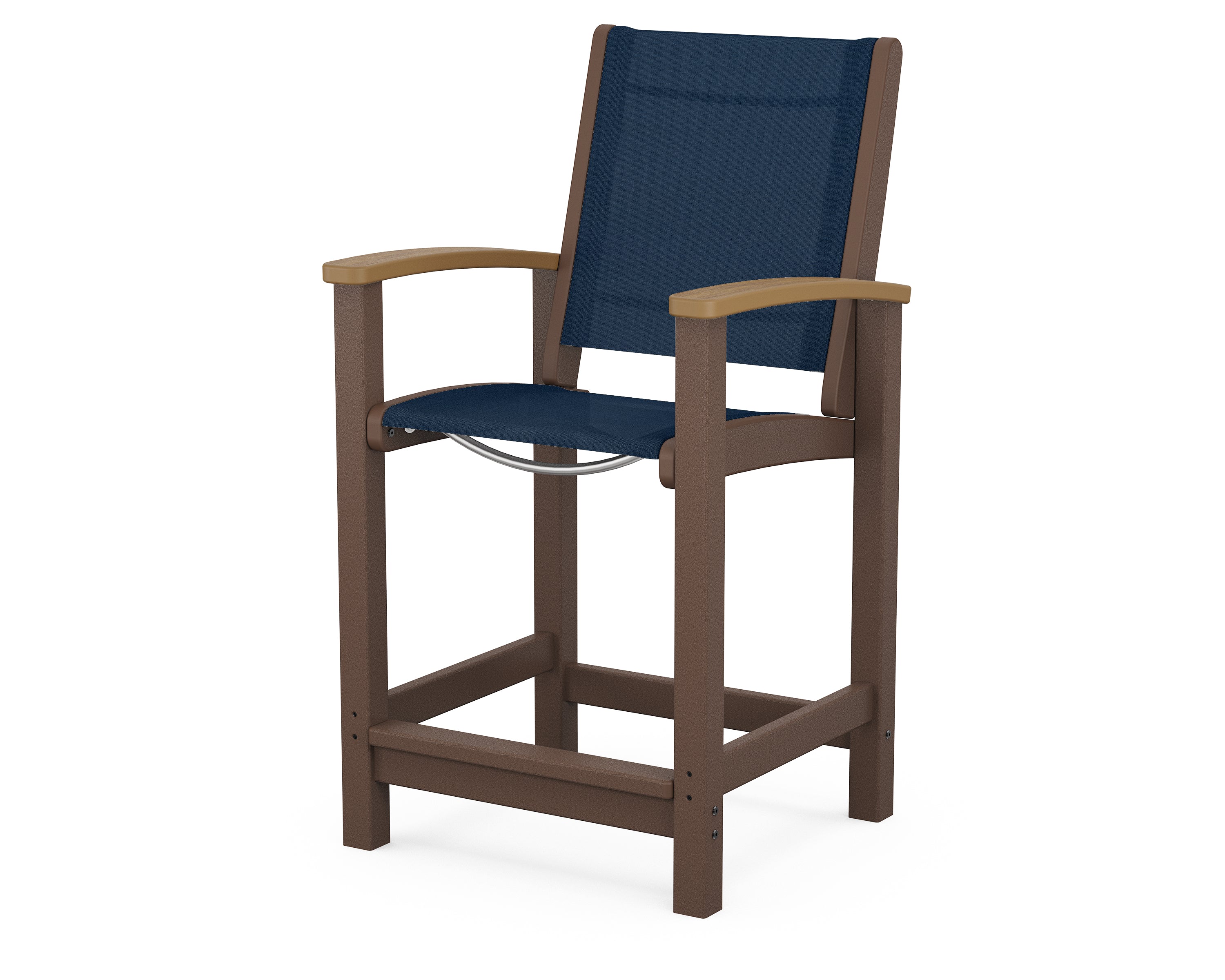 POLYWOOD® Coastal Counter Chair in Mahogany / Natural / Navy Blue Sling