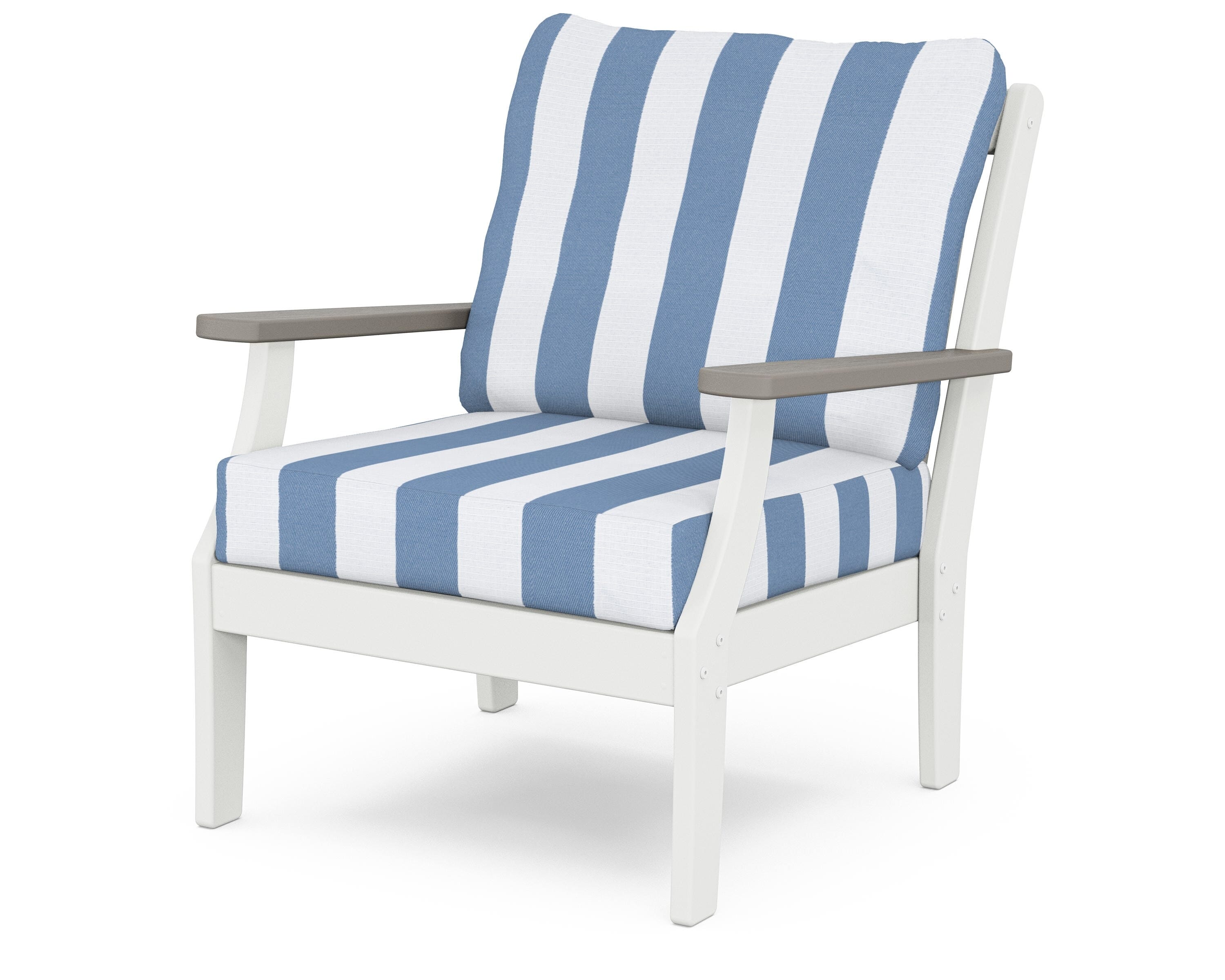 POLYWOOD® Braxton Deep Seating Chair in White / Driftwood / Cabana Stripe Sky Blue