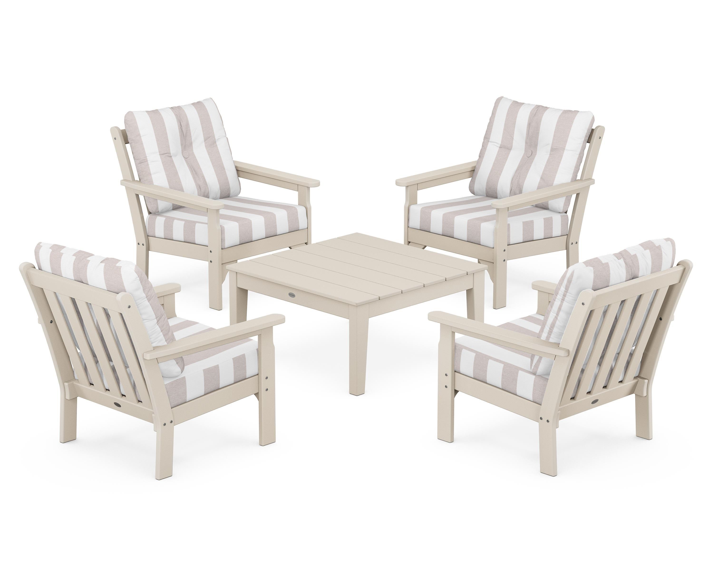 POLYWOOD® Vineyard 5-Piece Deep Seating Conversation Set in Sand / Cabana Stripe Dune Burlap