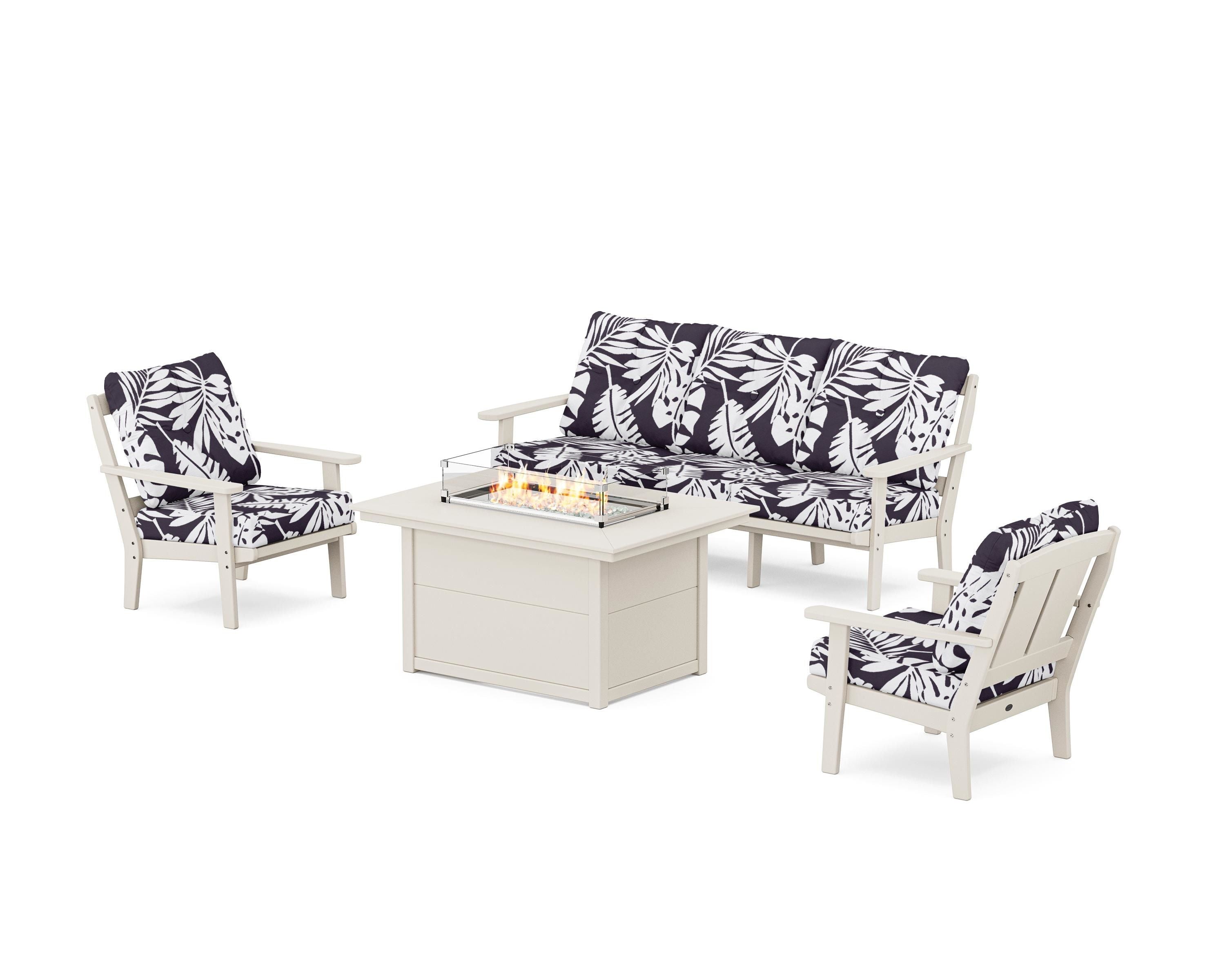 POLYWOOD® Mission Deep Seating Fire Pit Table Set in Sand / Leaf Navy