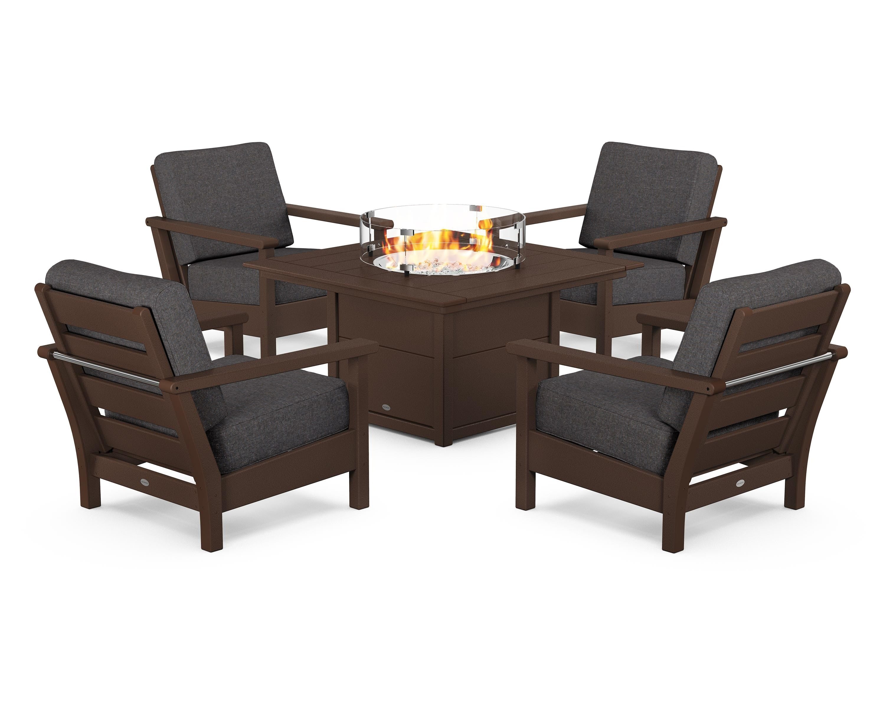 POLYWOOD® Harbour 5-Piece Conversation Set with Fire Pit Table in Mahogany / Ash Charcoal
