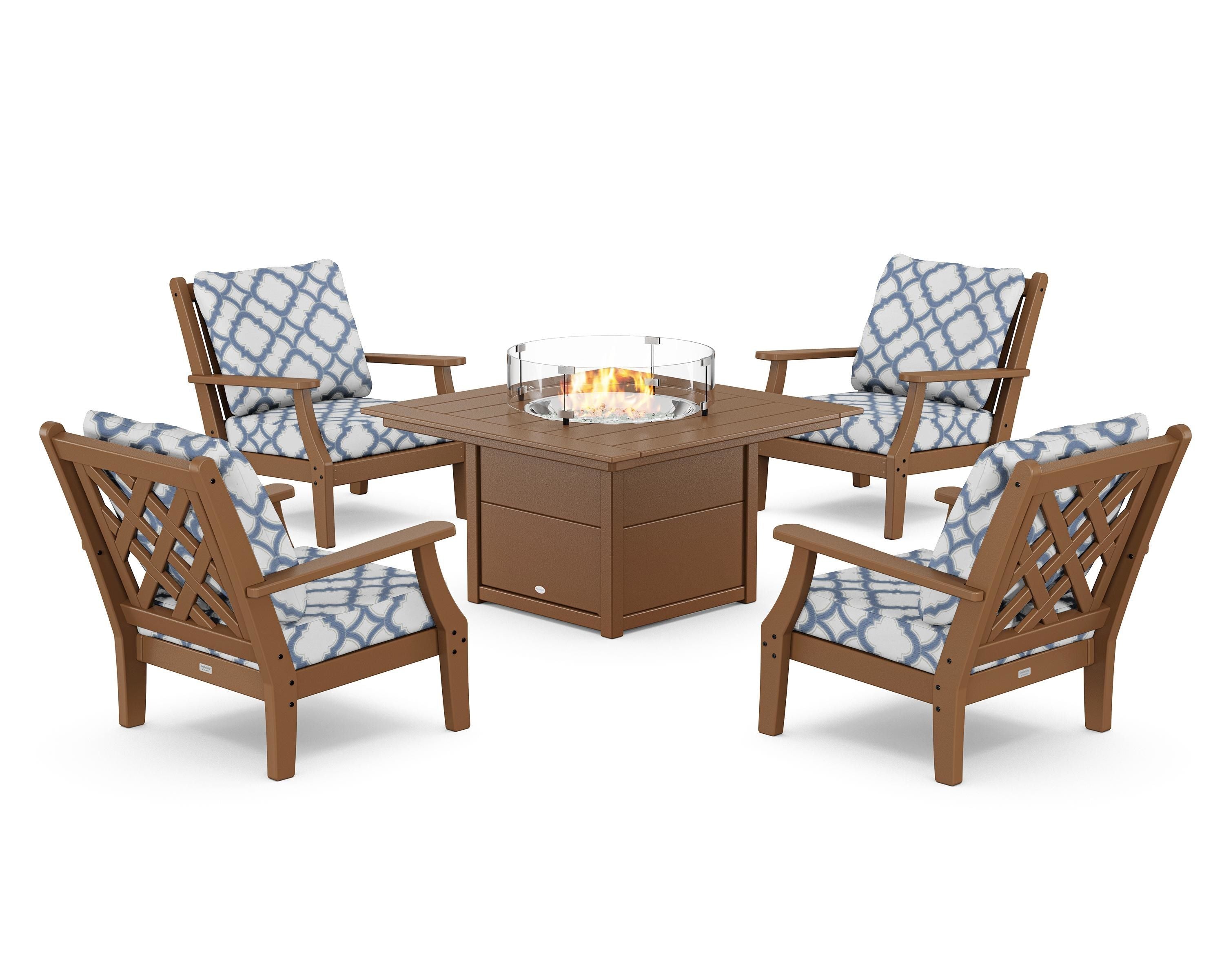 Country Living Wovendale 5-Piece Deep Seating Set with Fire Pit Table in Teak / Trellis Sky Blue