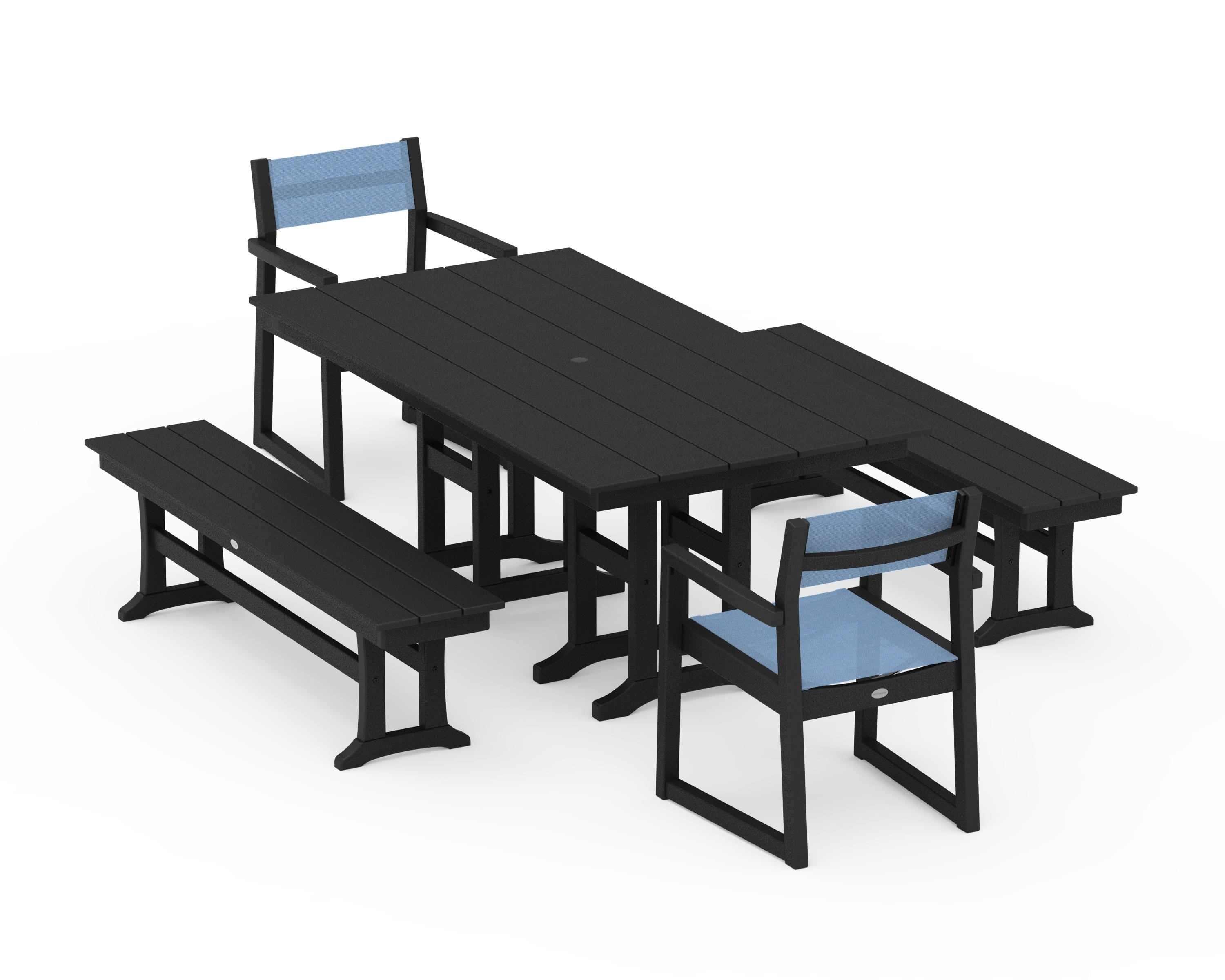 POLYWOOD® EDGE Sling Arm Chair 5-Piece Farmhouse Dining Set with Benches in Black / Poolside Sling