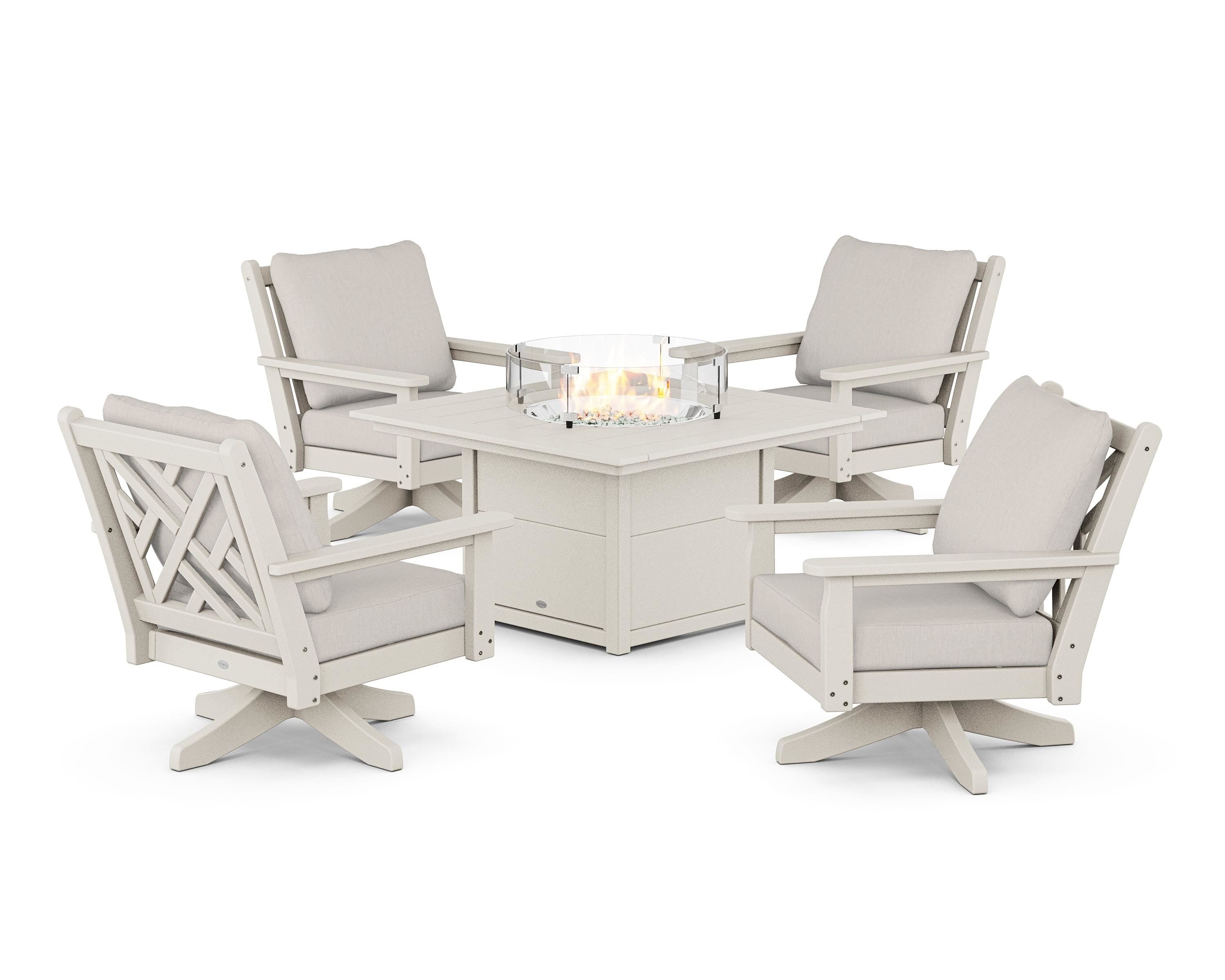 POLYWOOD® Chippendale 5-Piece Deep Seating Swivel Conversation Set with Fire Pit Table in Sand / Cast Ash
