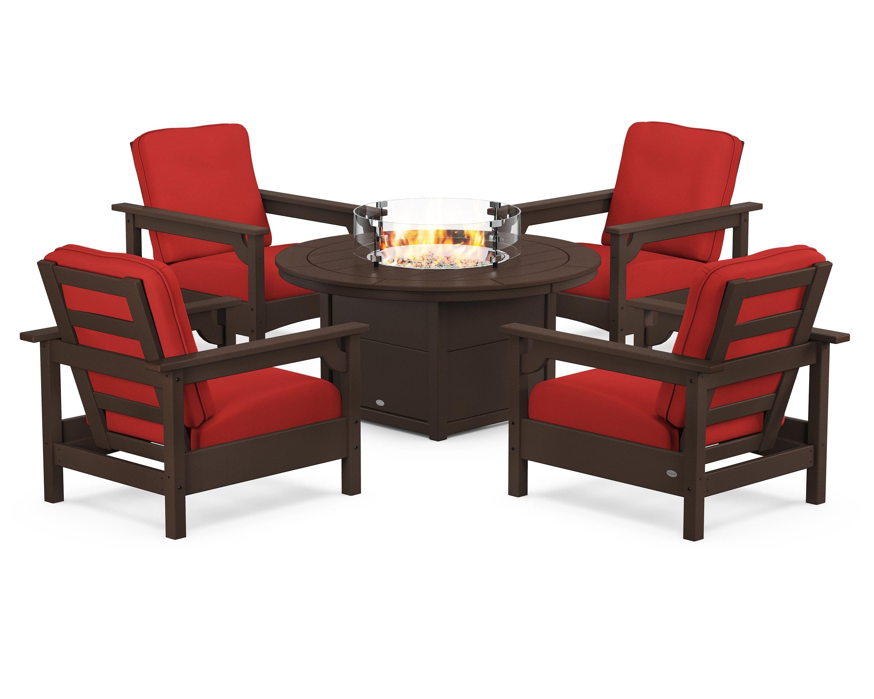 POLYWOOD® Club 5-Piece Conversation Set with Fire Pit Table in Mahogany / Crimson Linen