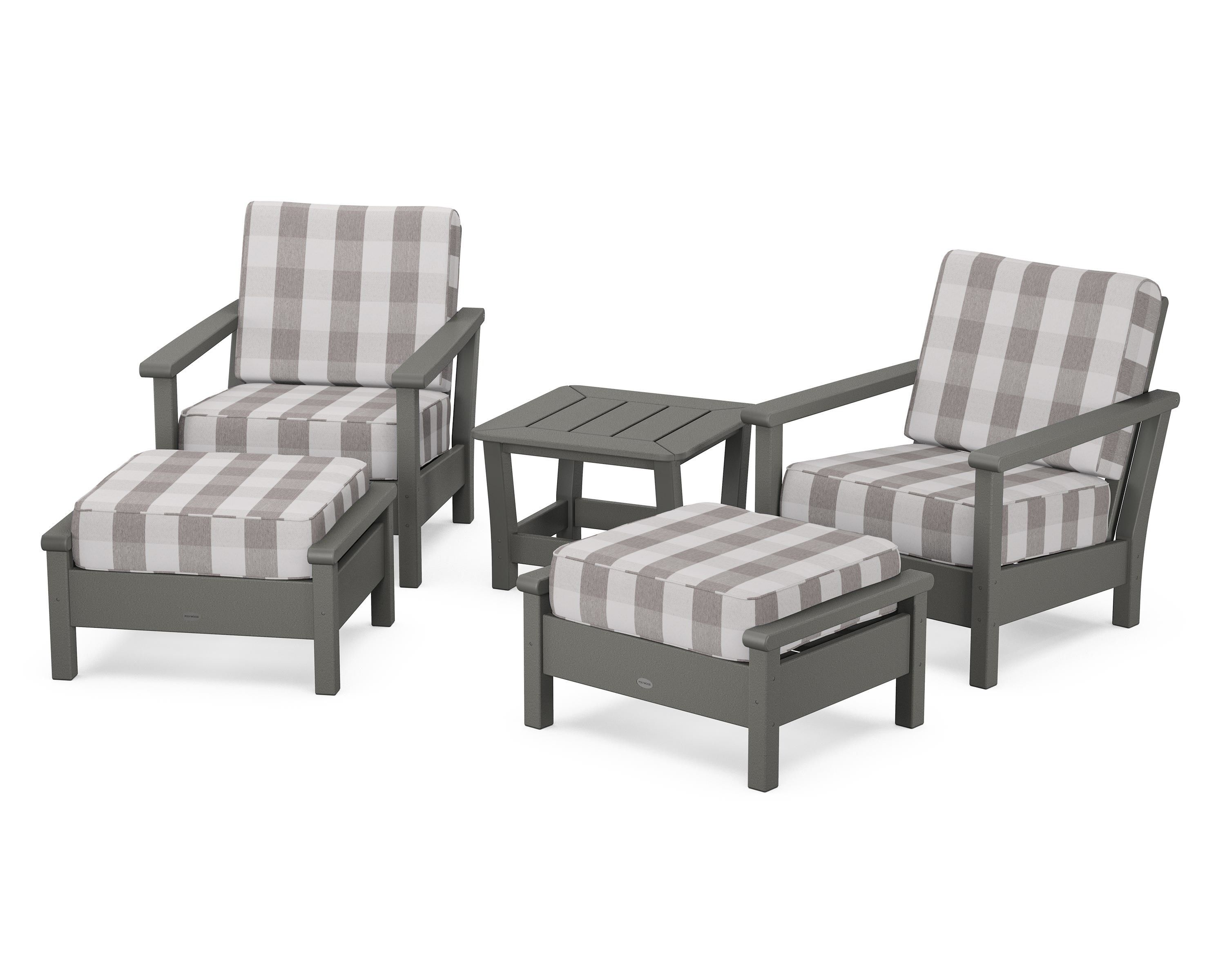 POLYWOOD® Harbour 5-Piece Deep Seating Chair Set in Slate Grey / Buffalo Plaid Grey Mist