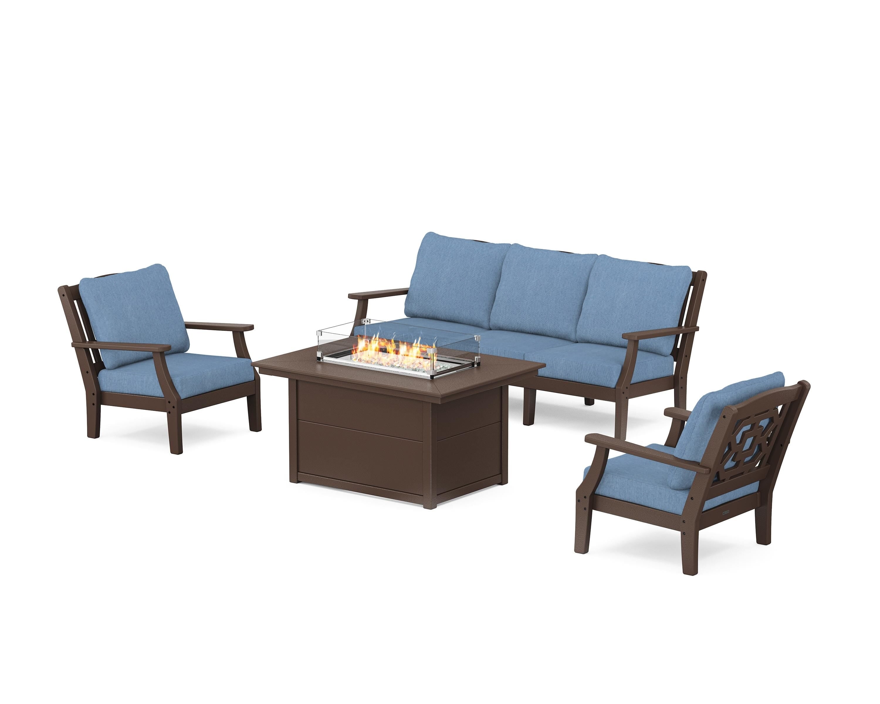 Martha Stewart by POLYWOOD® Chinoiserie Deep Seating Fire Pit Table Set in Mahogany / Sky Blue