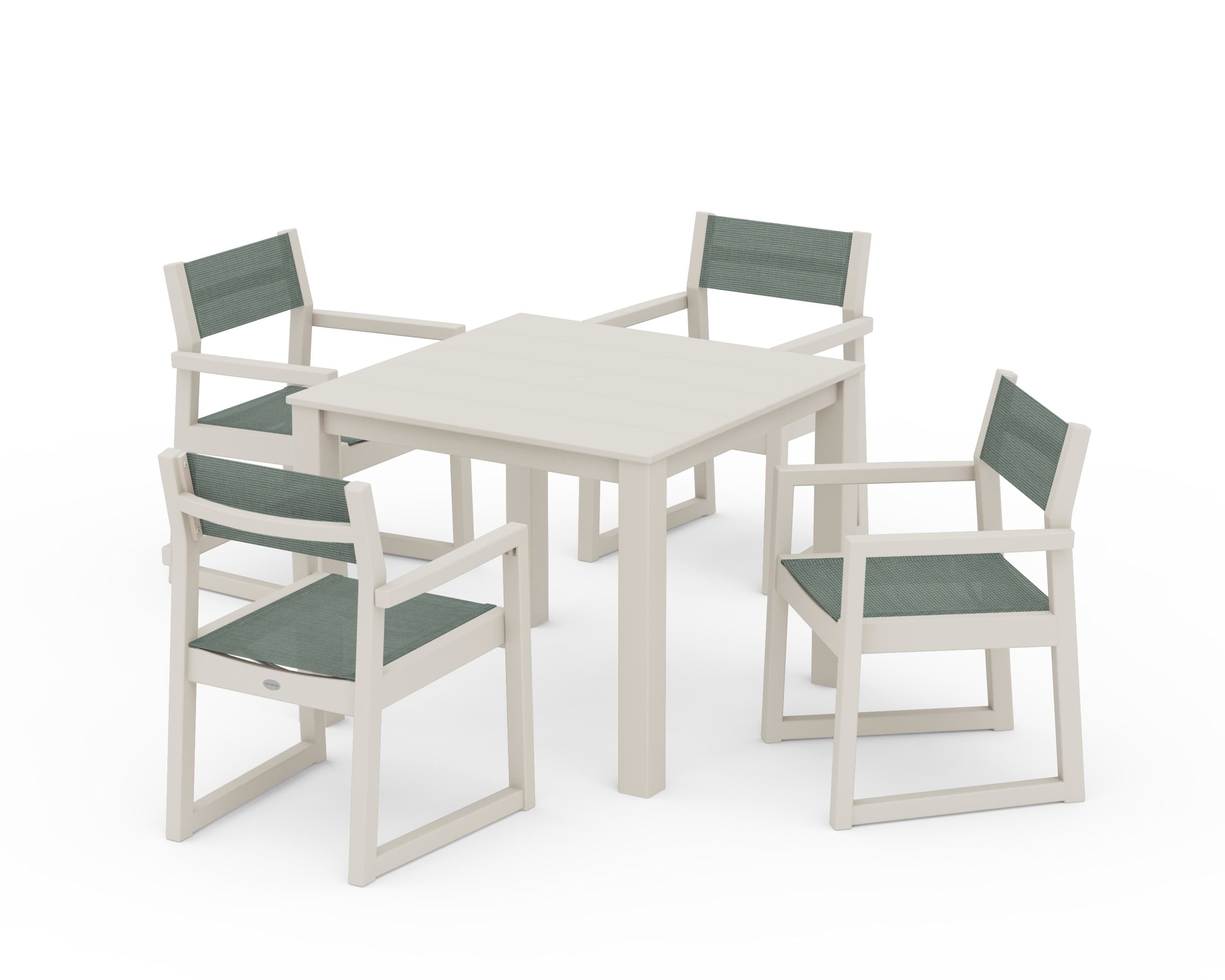 POLYWOOD® EDGE Sling Arm Chair 5-Piece Parsons Dining Set in Sand / Dupioni Sea Mist Sling