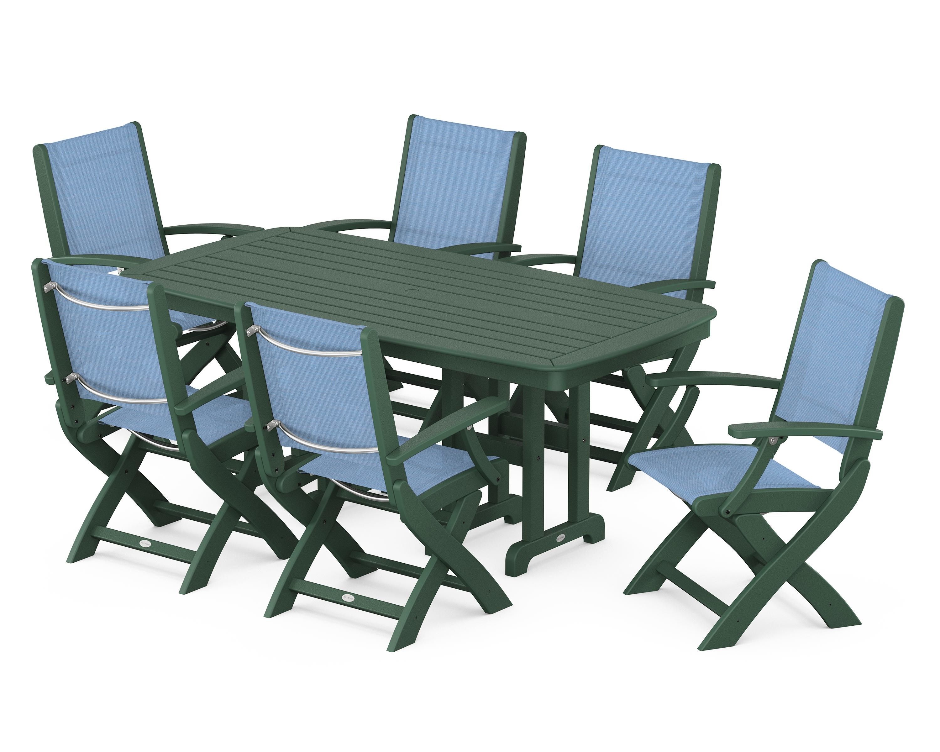 POLYWOOD® Coastal Folding Arm Chair 7-Piece Dining Set in Green / Poolside Sling