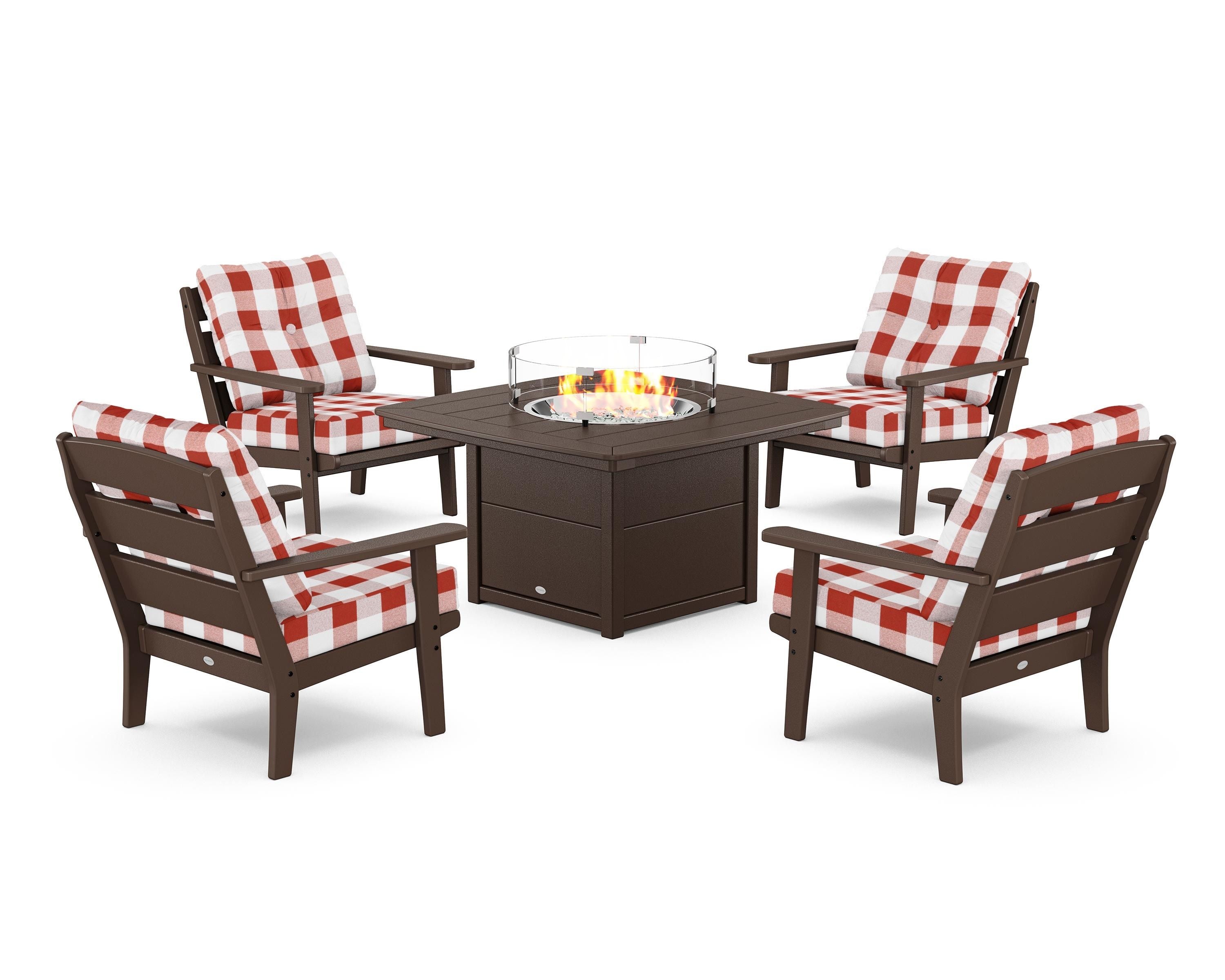 POLYWOOD® Lakeside 5-Piece Deep Seating Set with Nautical Fire Pit Table in Mahogany / Buffalo Plaid Crimson