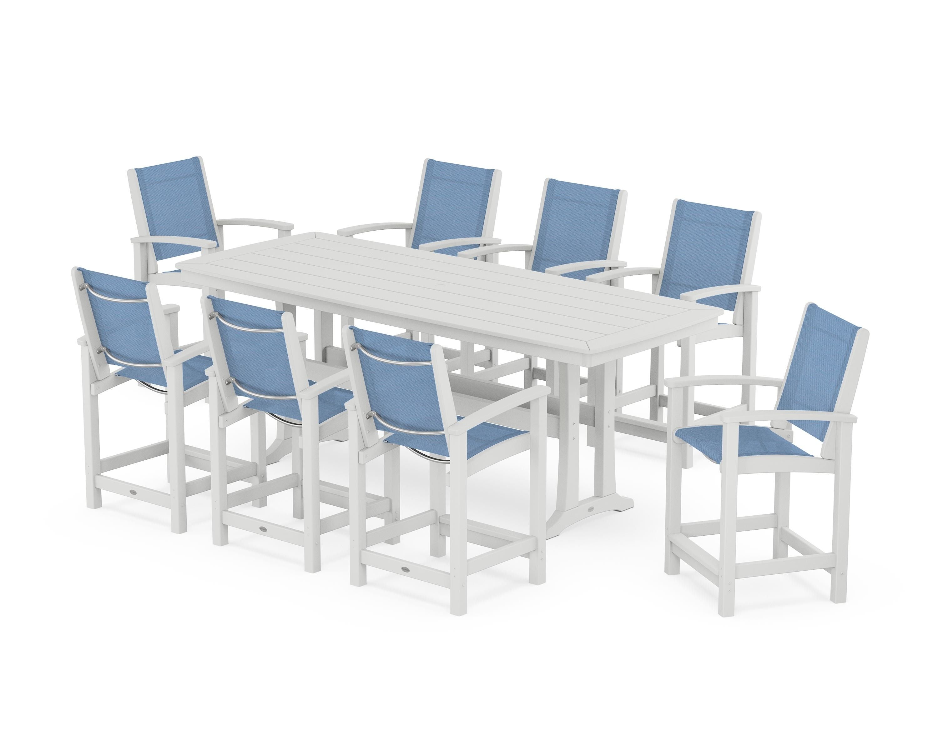 POLYWOOD® Coastal 9-Piece Counter Set with Trestle Legs in White / Poolside Sling