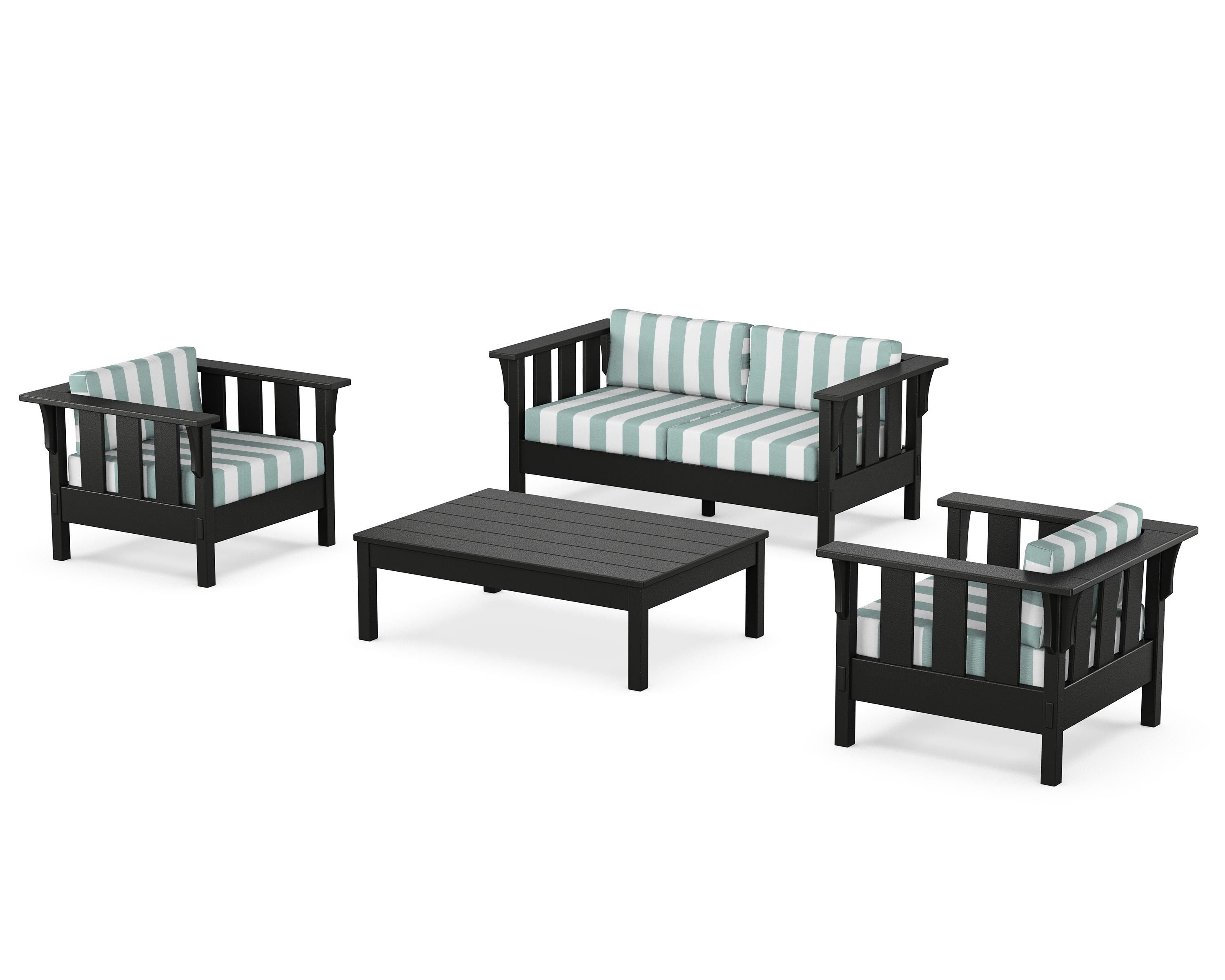 Martha Stewart by POLYWOOD® Acadia 4-Piece Deep Seating Set with Loveseat in Black / Cabana Stripe Glacier Spa