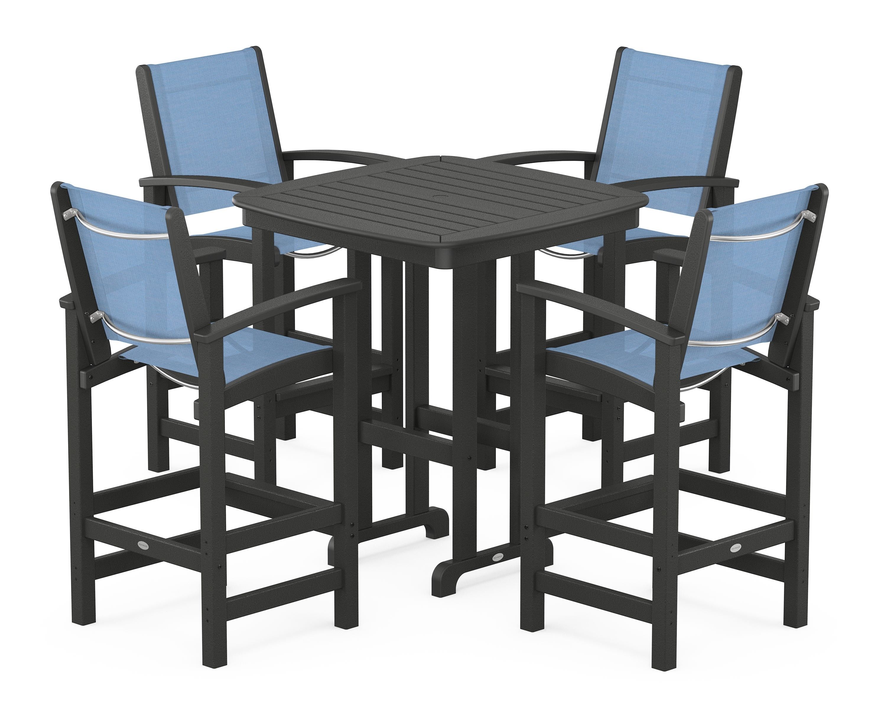 POLYWOOD® Coastal 5-Piece Bar Set in Black / Poolside Sling