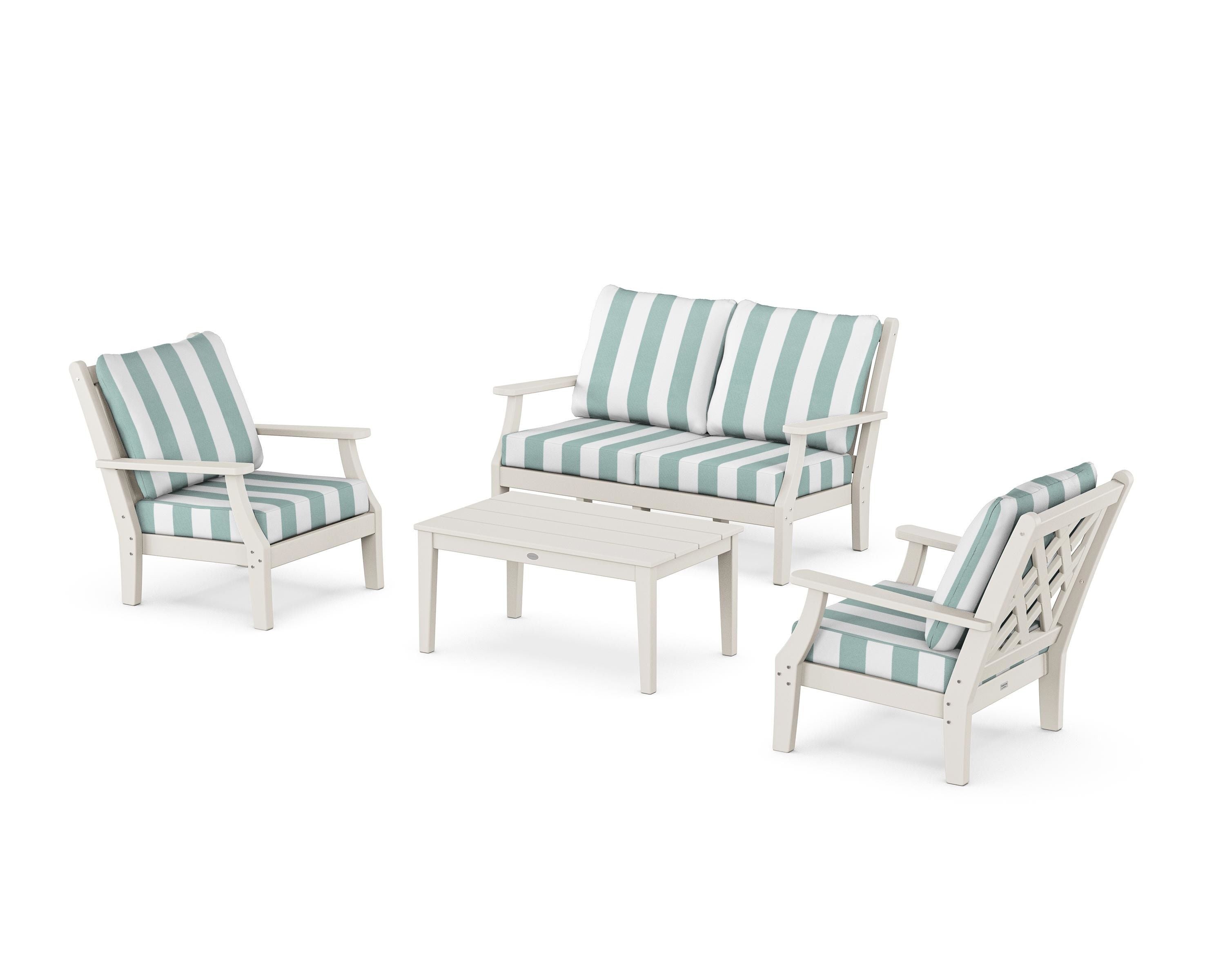 Country Living Wovendale 4-Piece Deep Seating Set with Loveseat in Sand / Cabana Stripe Glacier Spa