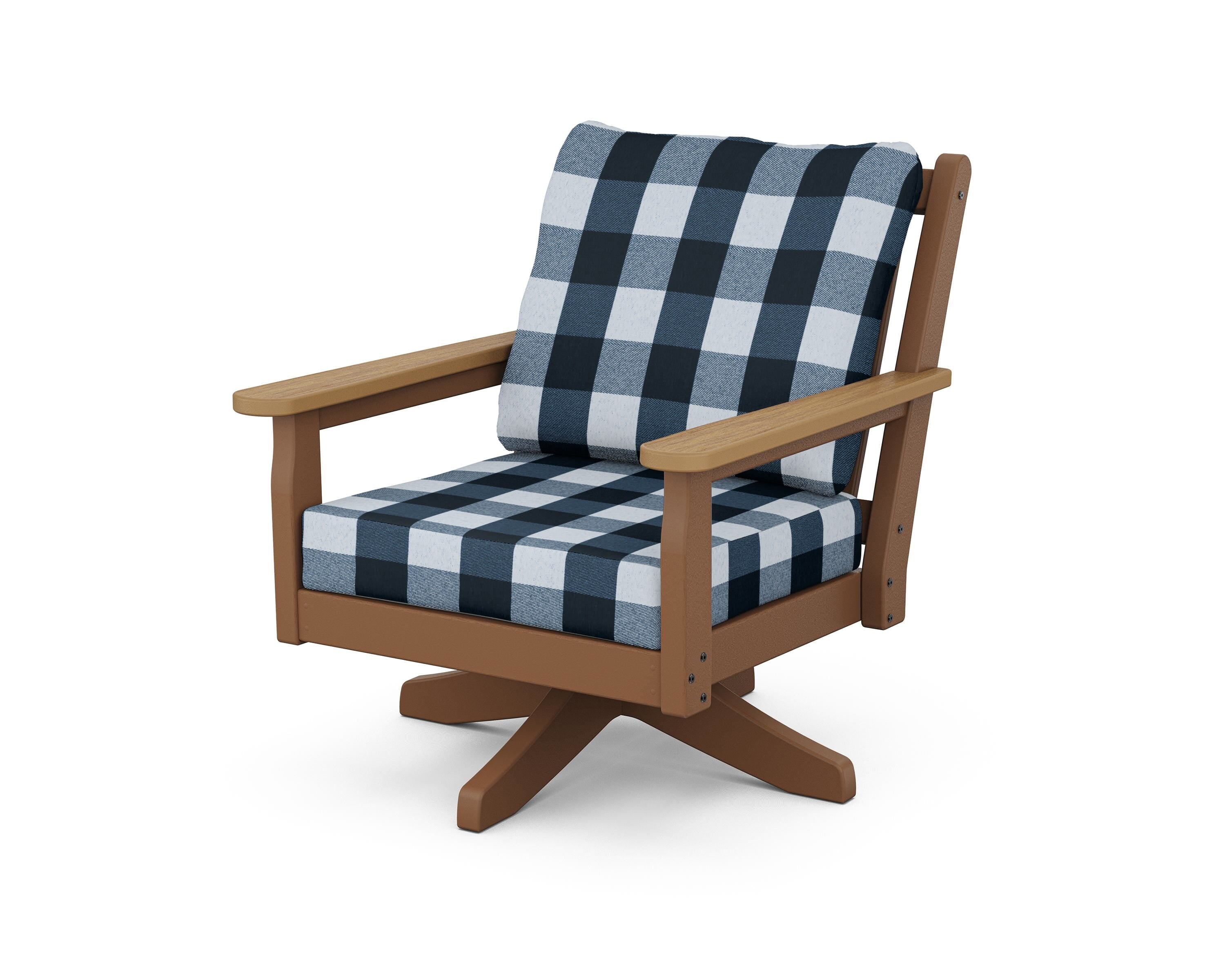 POLYWOOD® Chippendale Deep Seating Swivel Chair in Teak / Natural / Buffalo Plaid Marine Indigo