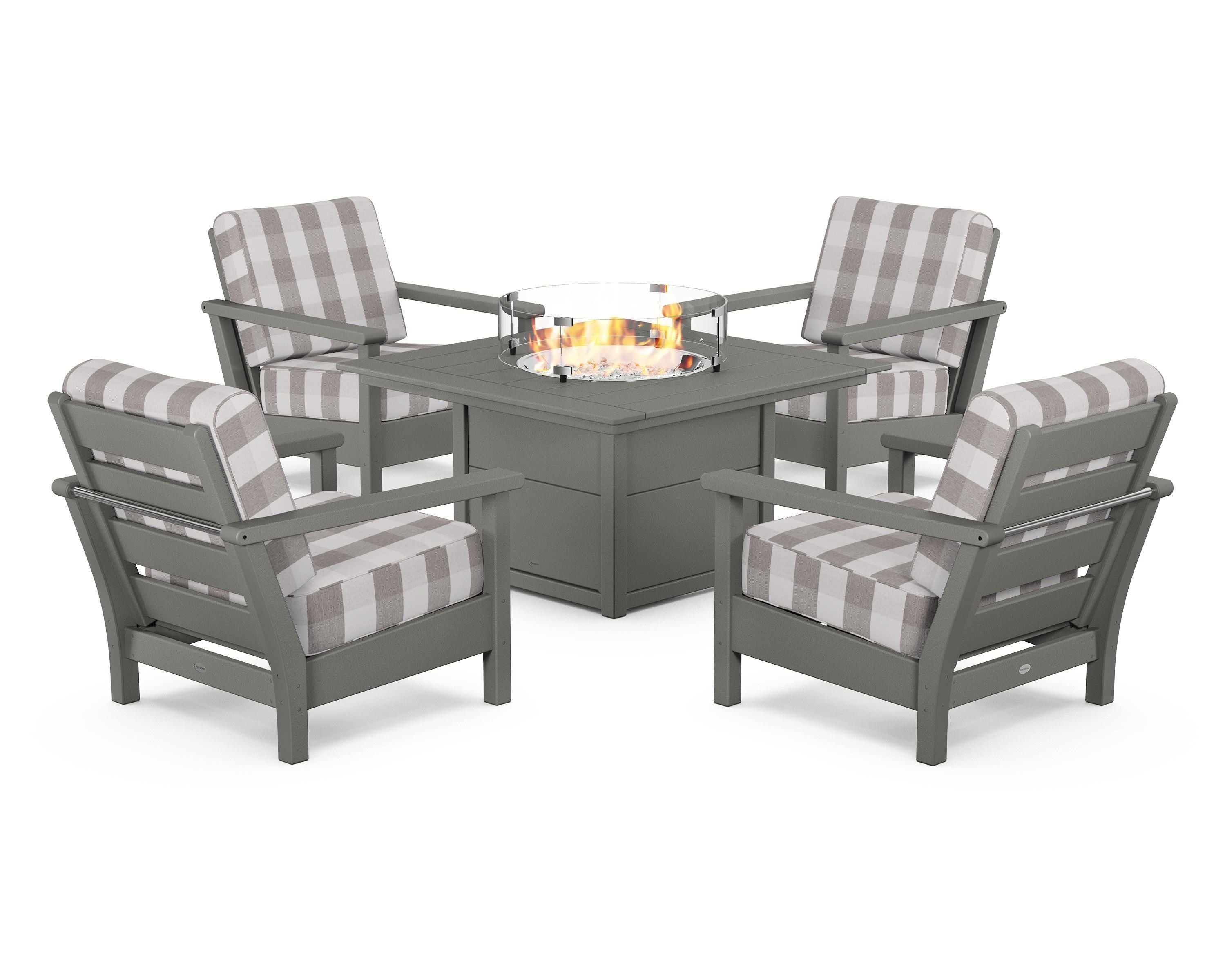 POLYWOOD® Harbour 5-Piece Conversation Set with Fire Pit Table in Slate Grey / Buffalo Plaid Grey Mist