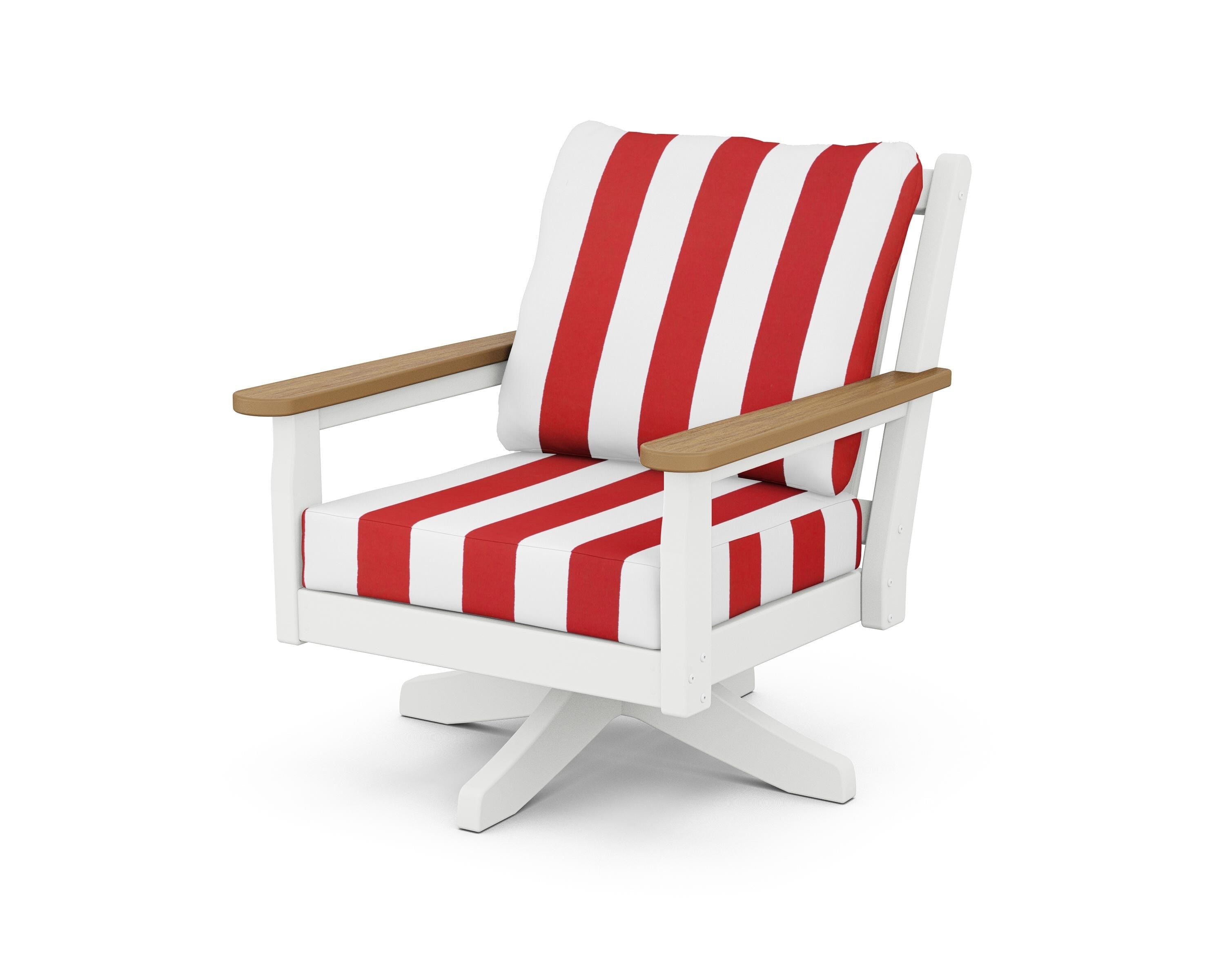 POLYWOOD® Chippendale Deep Seating Swivel Chair in White / Natural / Cabana Stripe Crimson