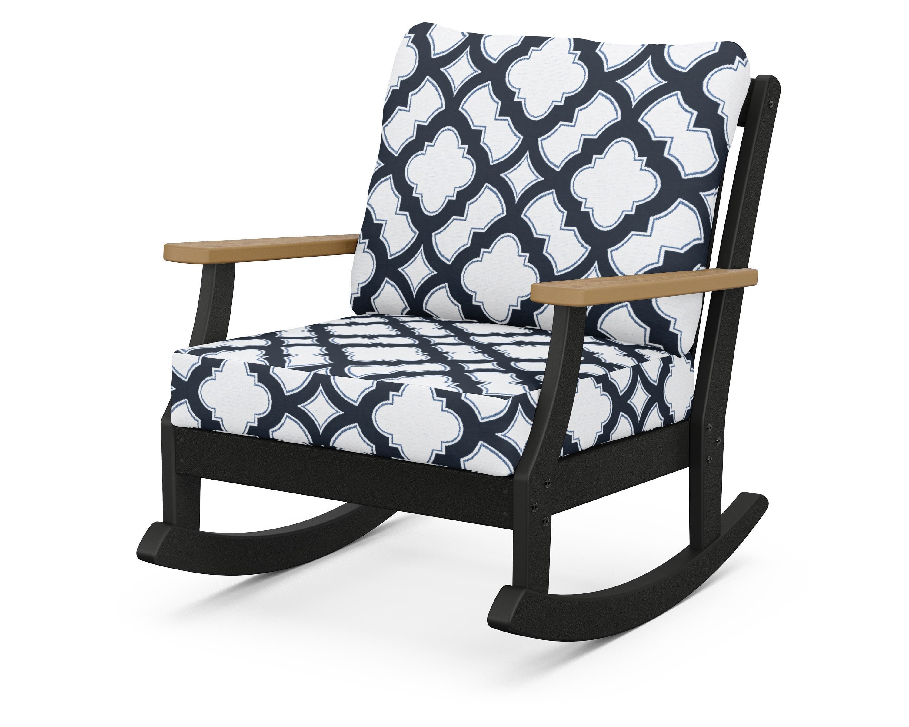 POLYWOOD® Braxton Deep Seating Rocking Chair in Black / Natural / Trellis Marine Indigo