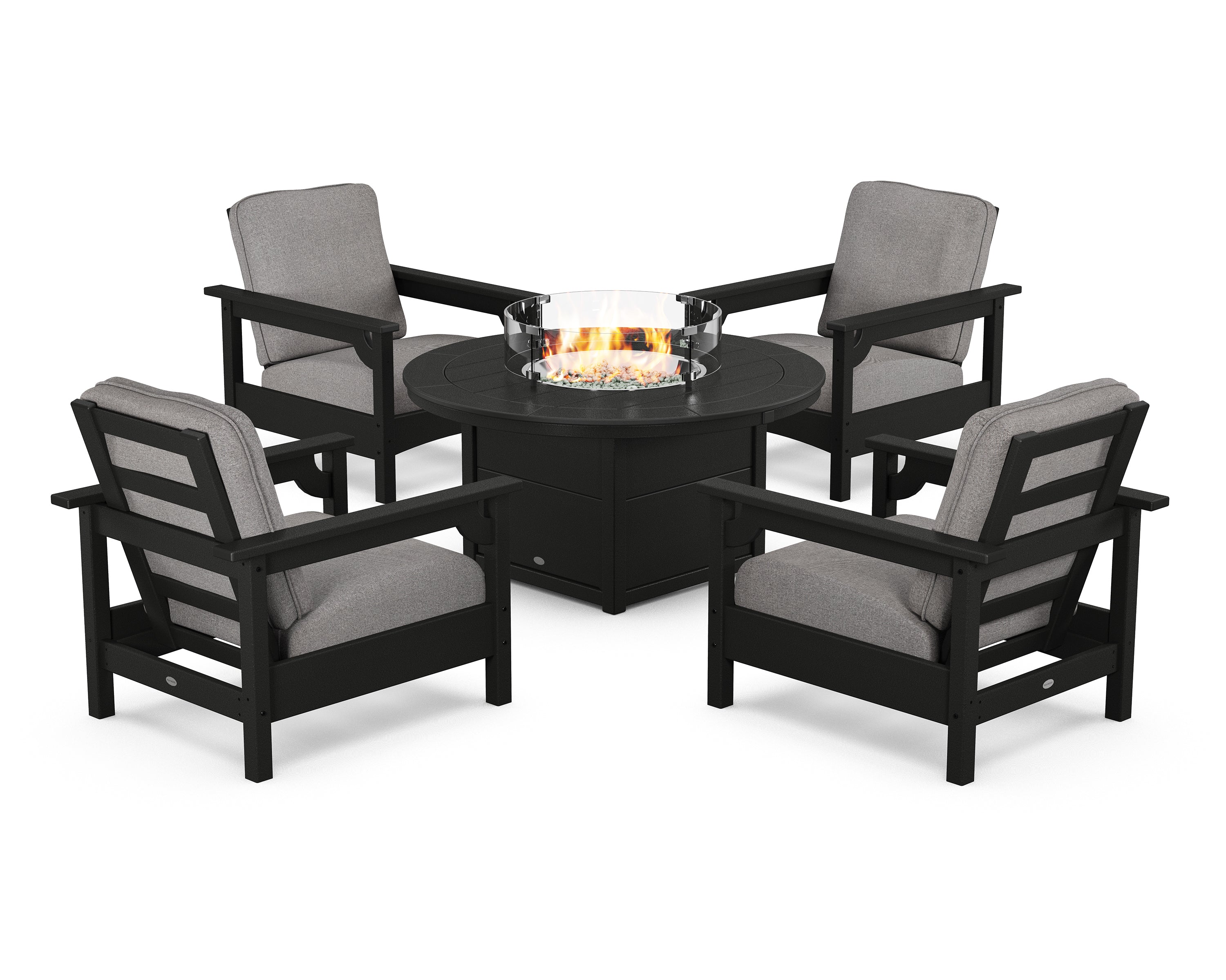 POLYWOOD® Club 5-Piece Conversation Set with Fire Pit Table in Black / Grey Mist