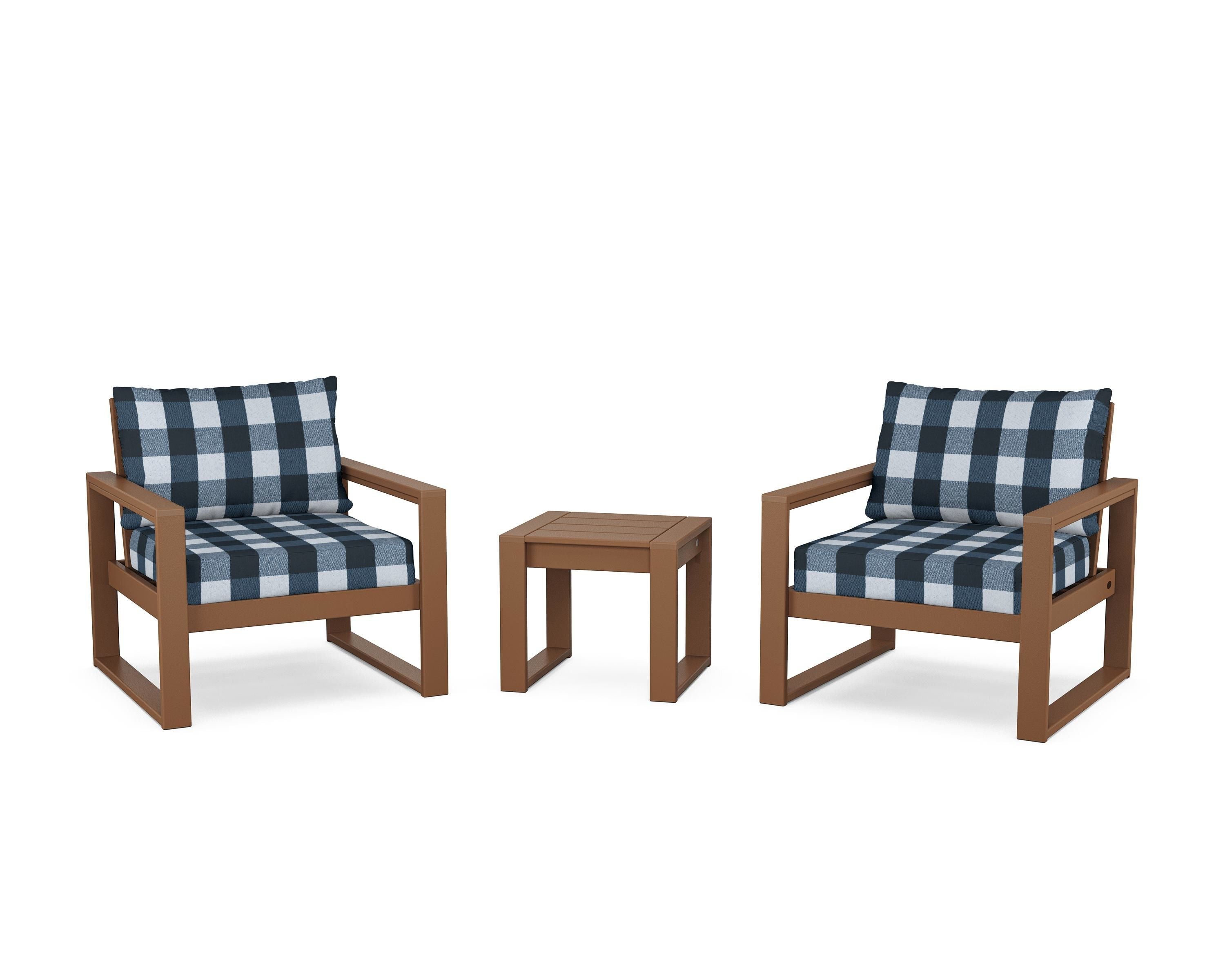 POLYWOOD® EDGE Sectional 3-Piece Deep Seating Set in Teak / Buffalo Plaid Marine Indigo