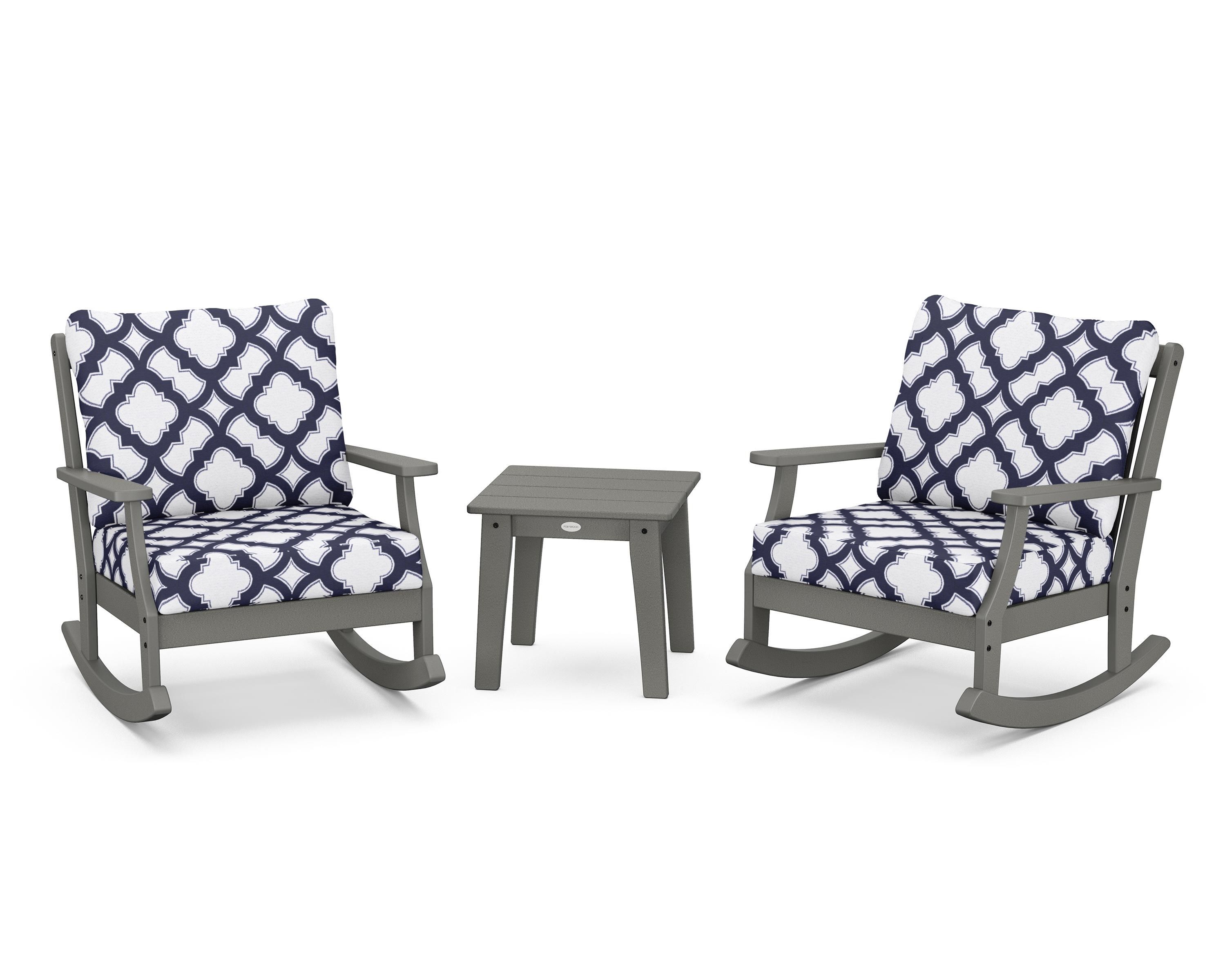 POLYWOOD® Braxton 3-Piece Deep Seating Rocker Set in Slate Grey / Trellis Navy