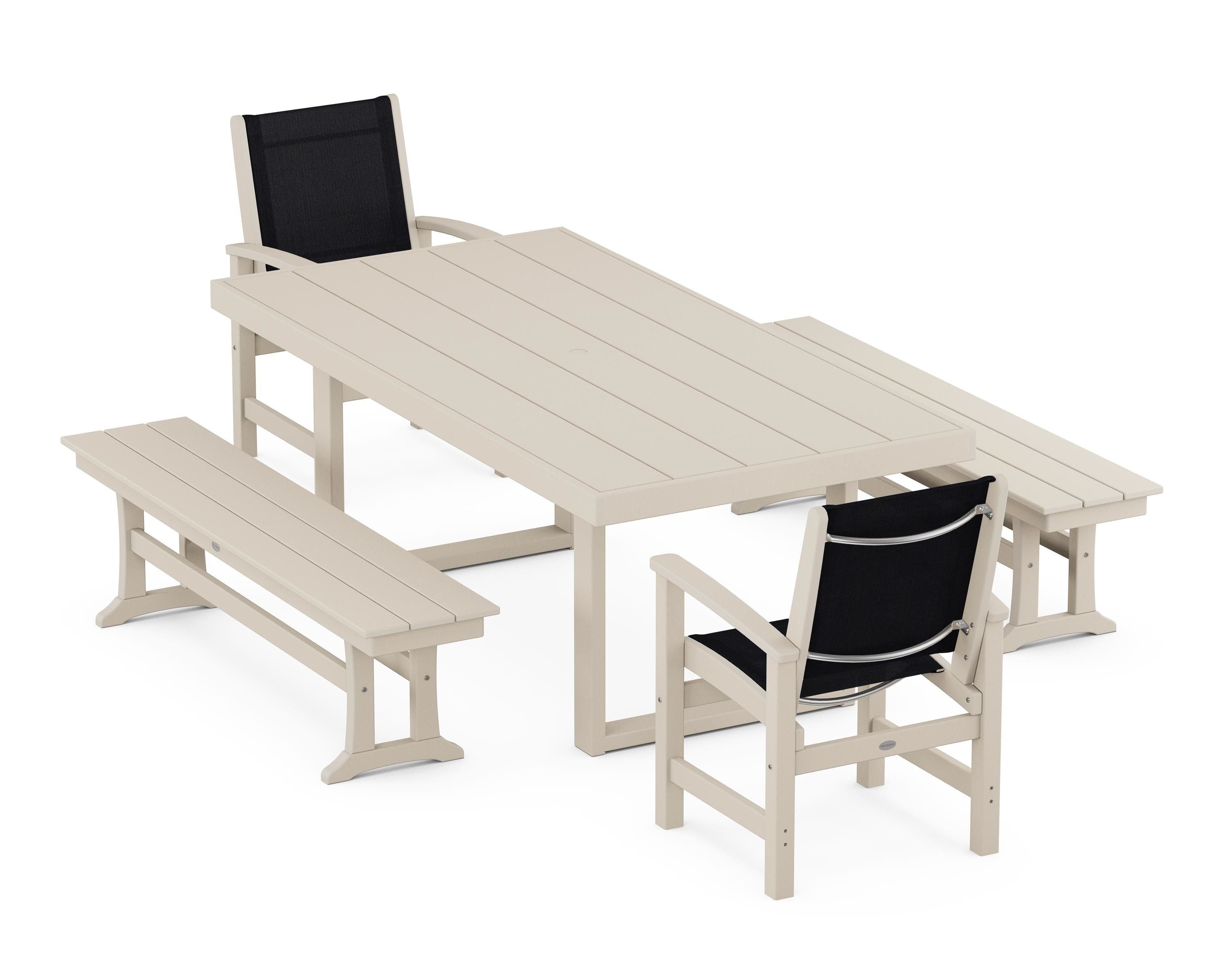 POLYWOOD® Coastal 5-Piece Dining Set with Trestle Legs in Sand / Black Sling