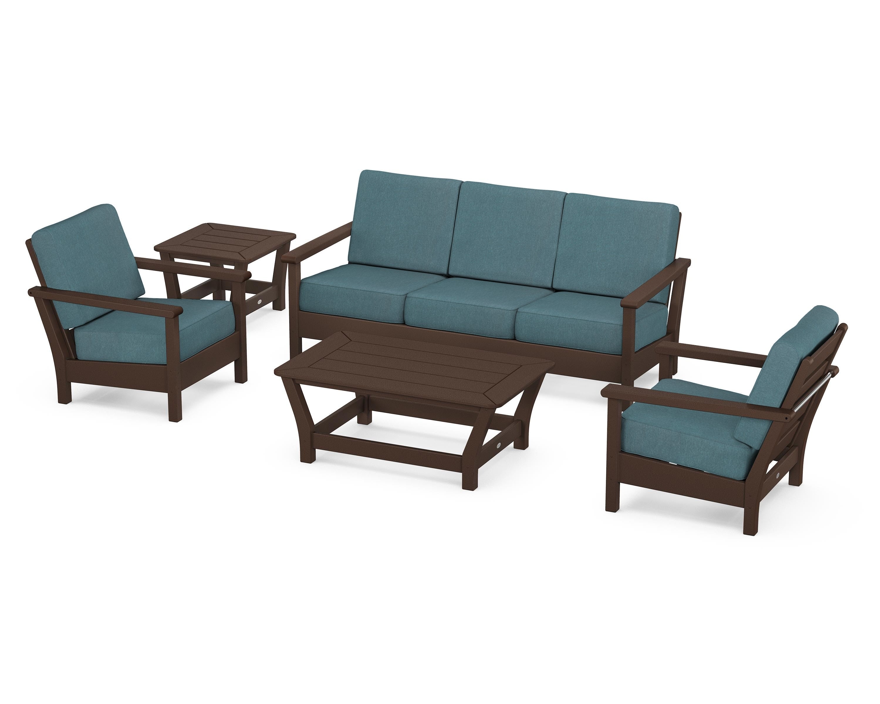 POLYWOOD® Harbour 5-Piece Deep Seating Set in Mahogany / Ocean Teal