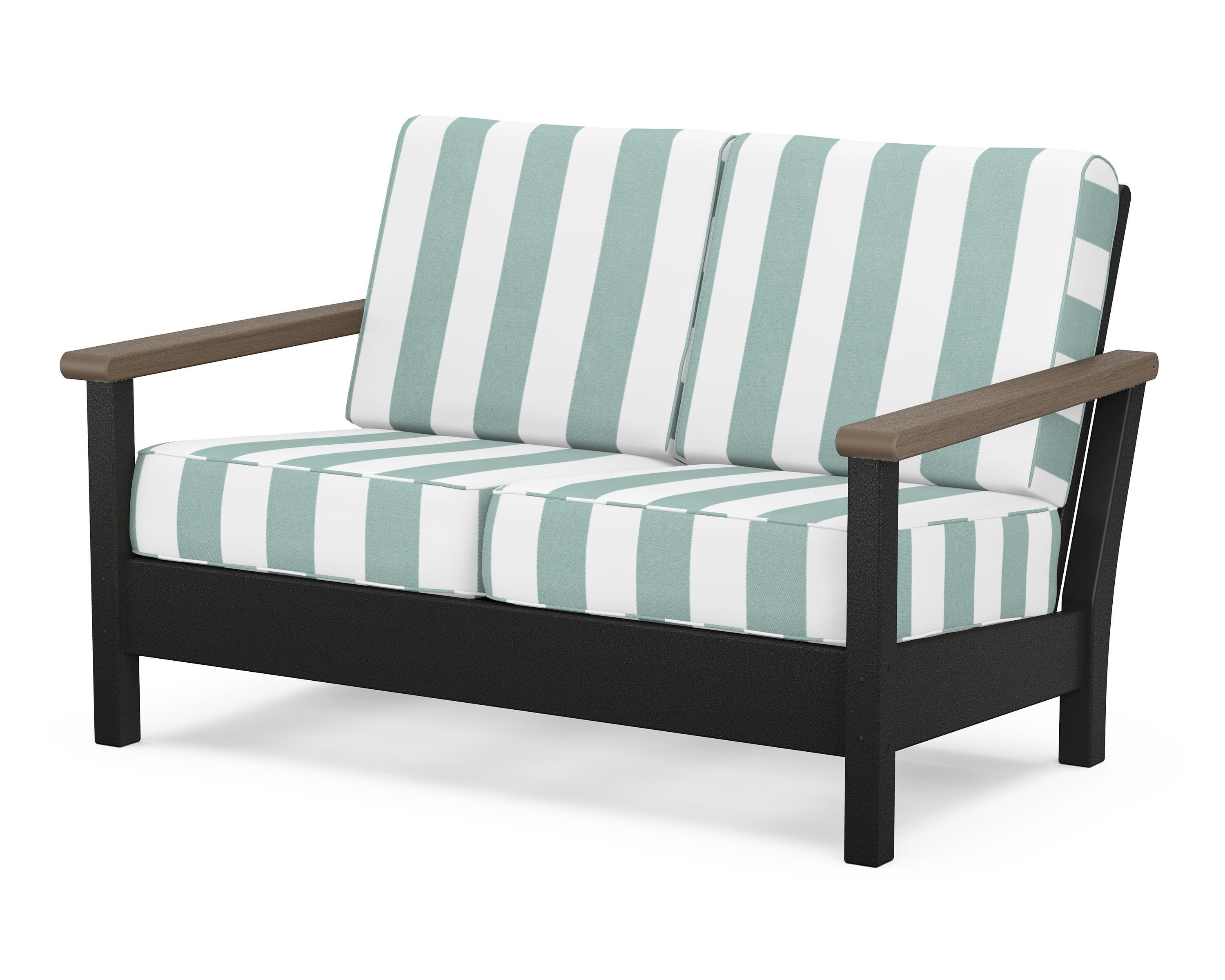 POLYWOOD® Harbour Deep Seating Loveseat in Black / Kona / Cabana Stripe Glacier Spa
