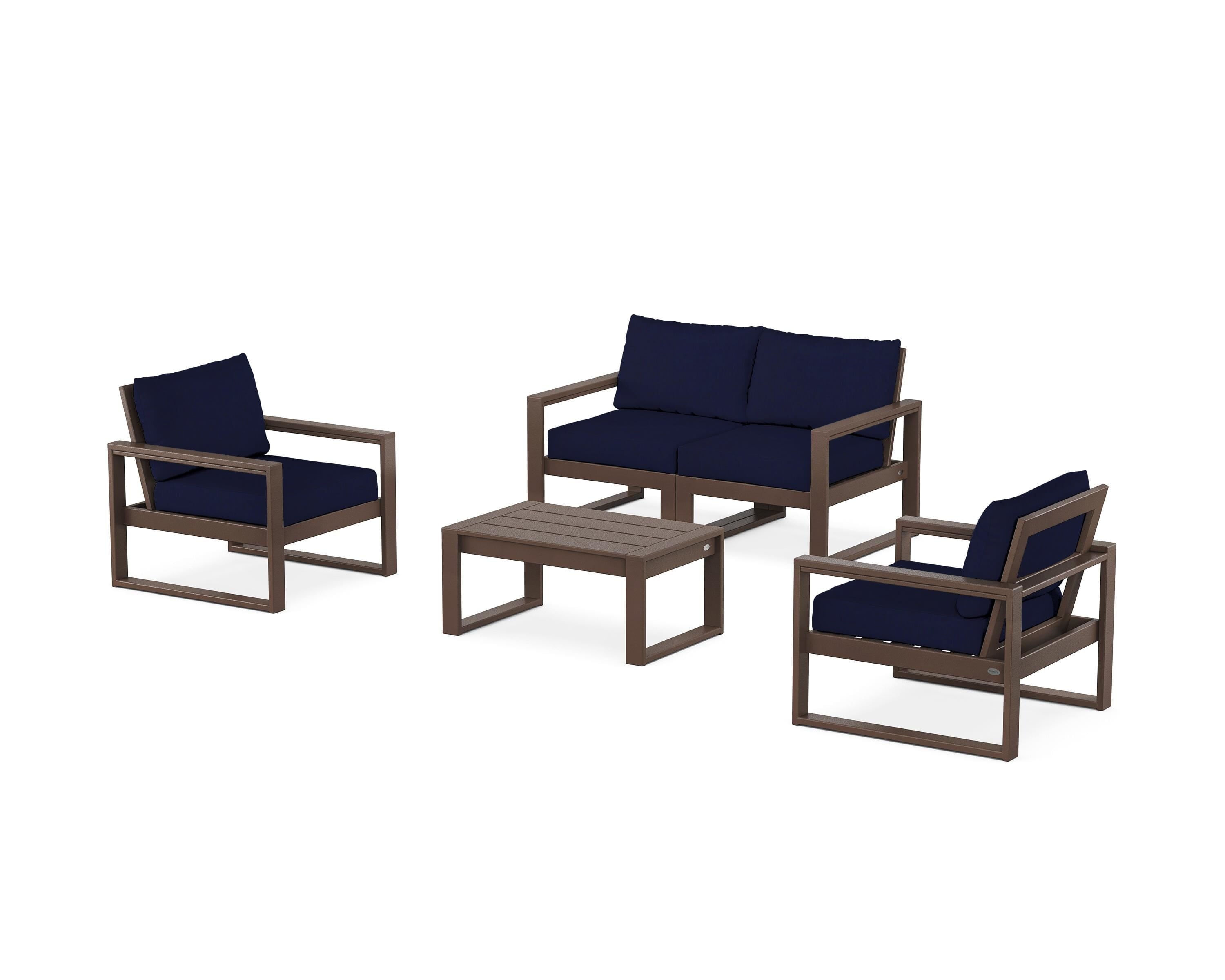POLYWOOD® EDGE Sectional 4-Piece Deep Seating Set with Loveseat in Mahogany / Navy